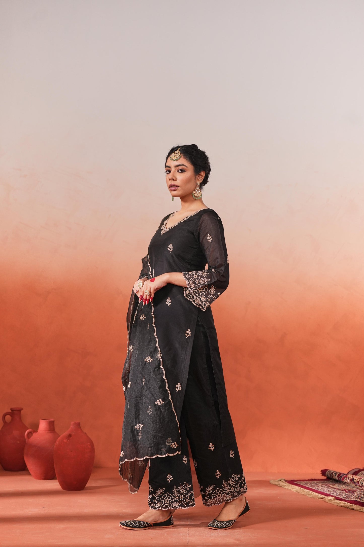 Mehfil - Black Chanderi Embroidered Suit Set