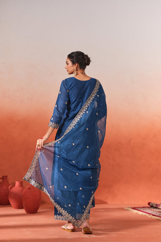 Gulzaar - Blue Chanderi Embroidered Suit Set
