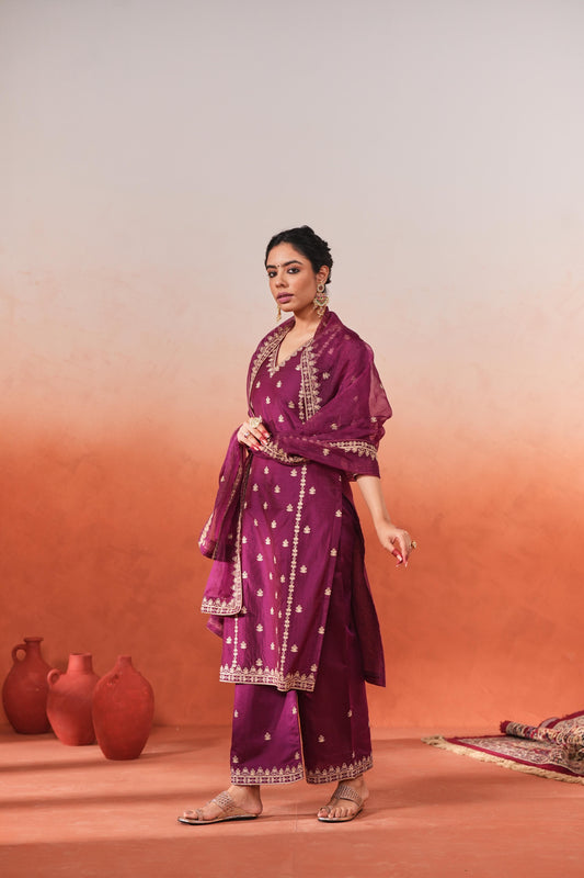 Khushnir - Wine Chanderi Embroidered Suit Set
