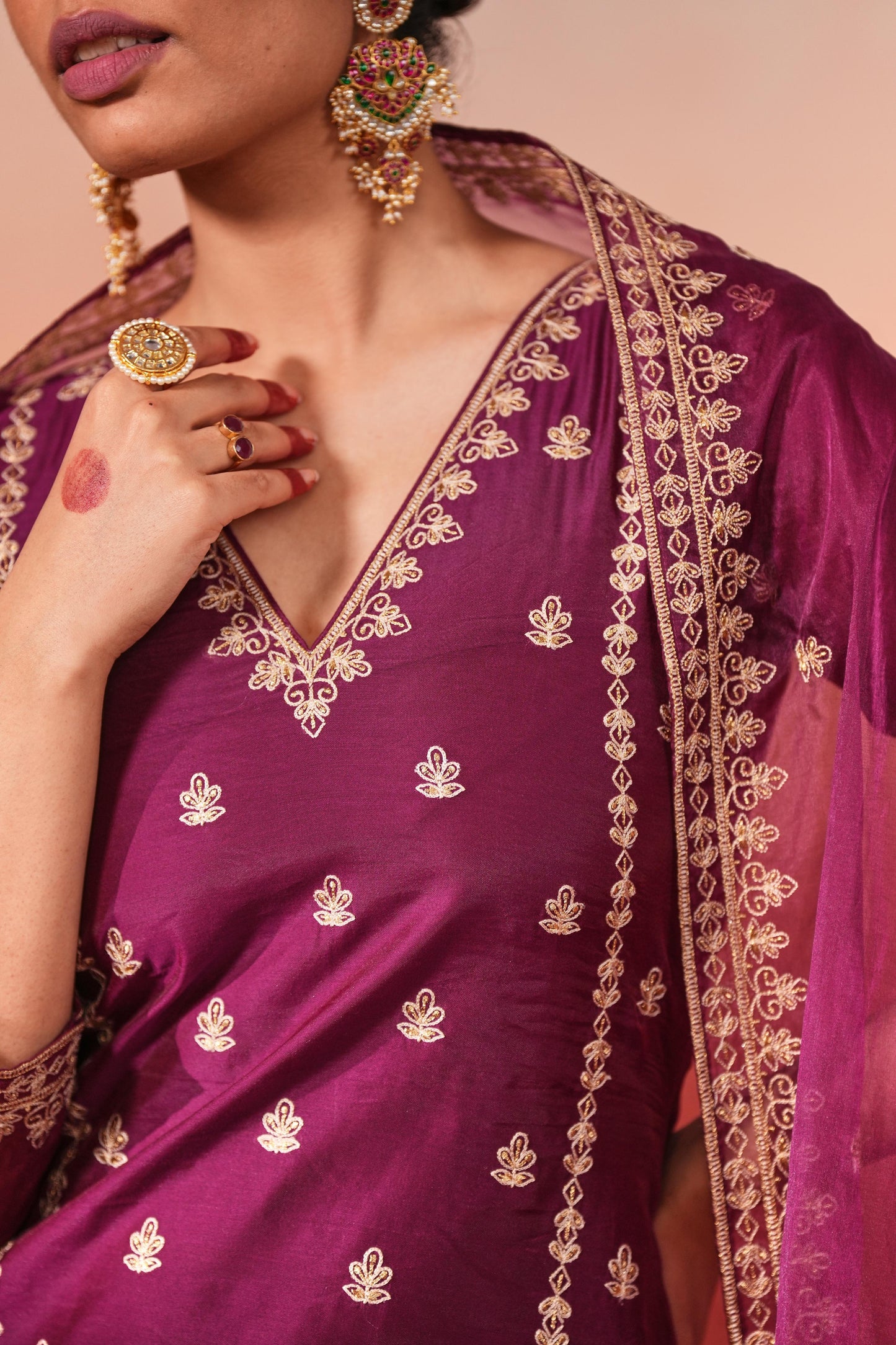 Shreyashi Verma in Khushnir - Wine Chanderi Embroidered Suit Set