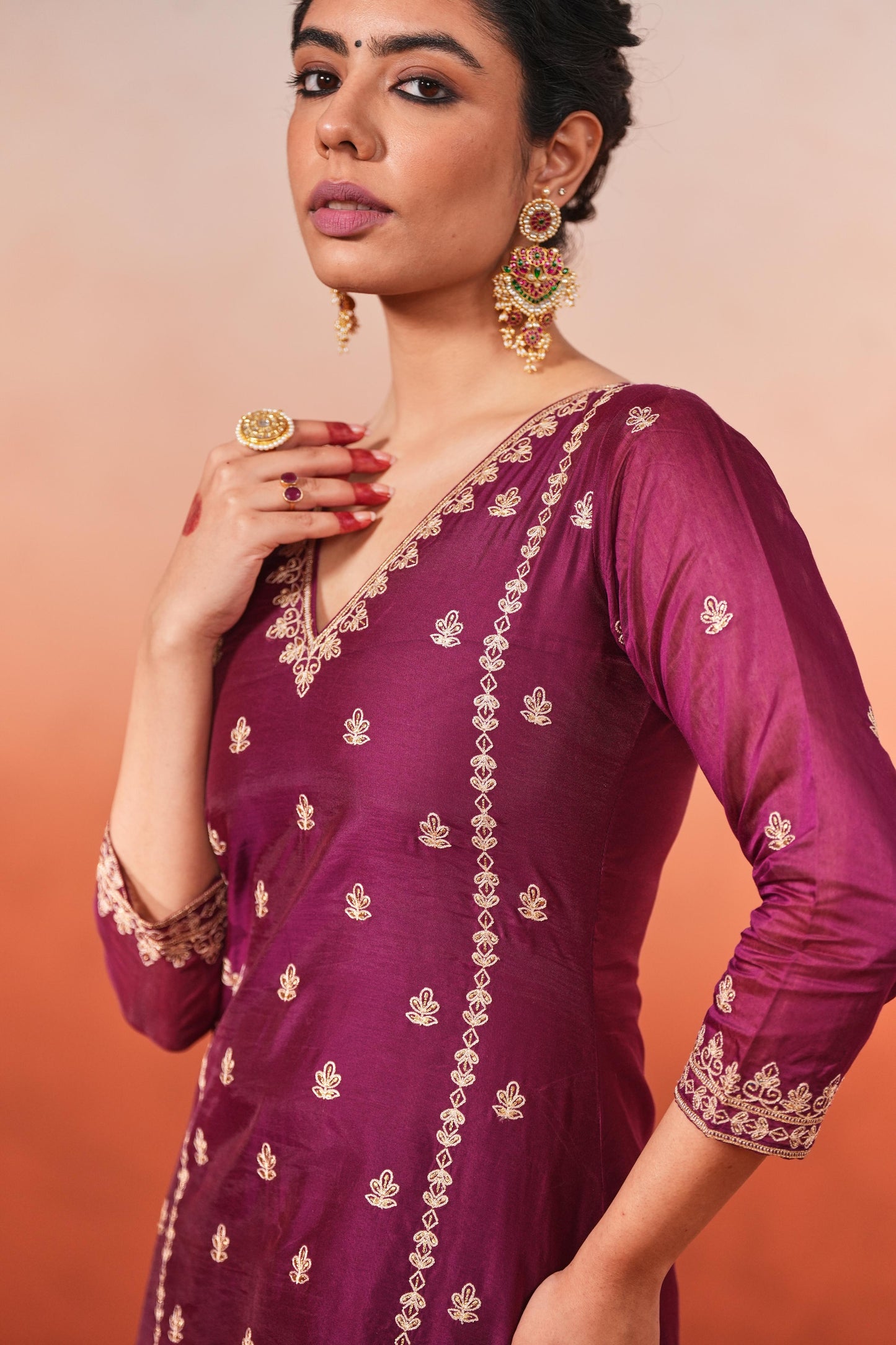 Khushnir - Wine Chanderi Embroidered Suit Set