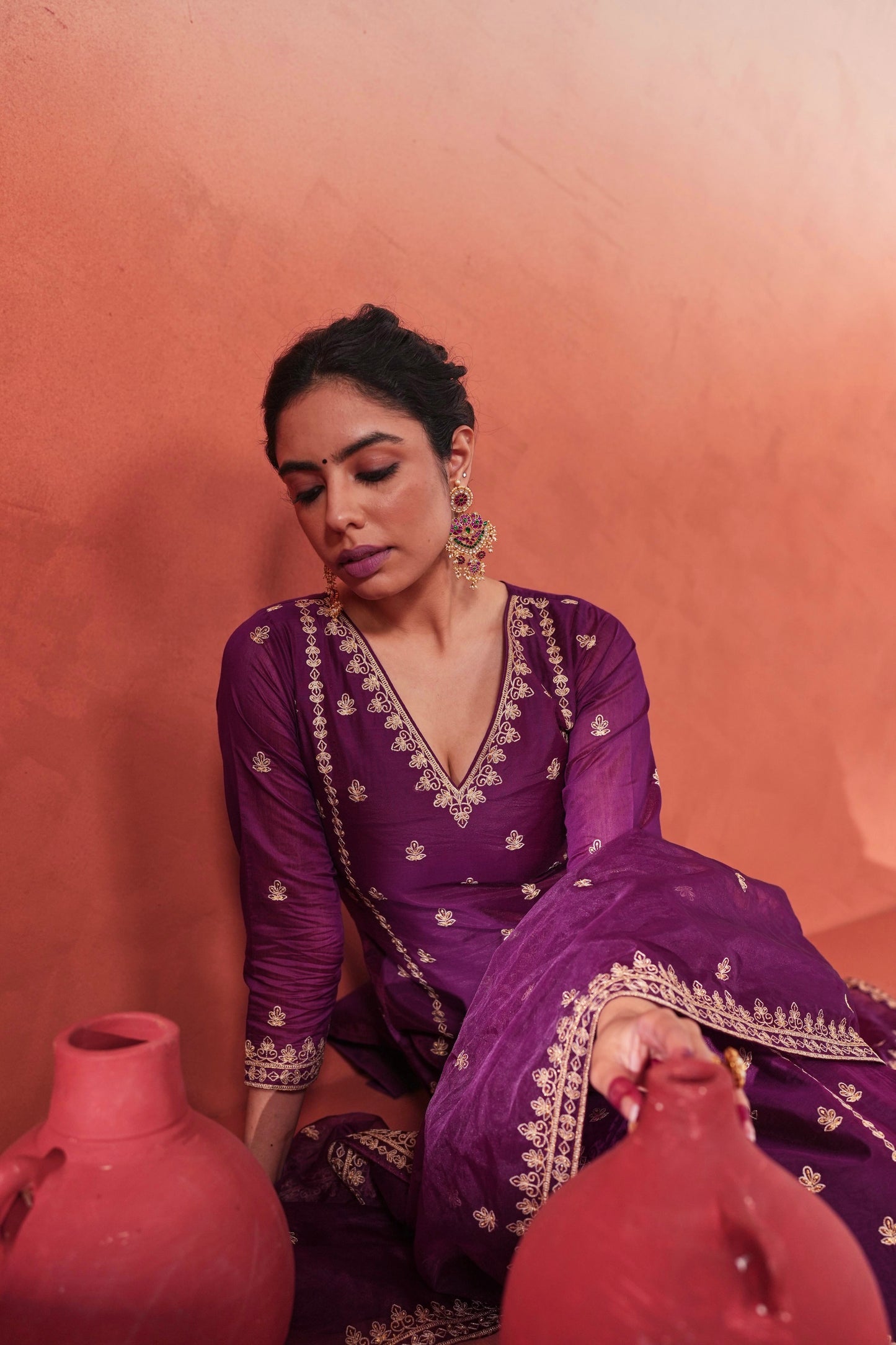 Khushnir - Wine Chanderi Embroidered Suit Set