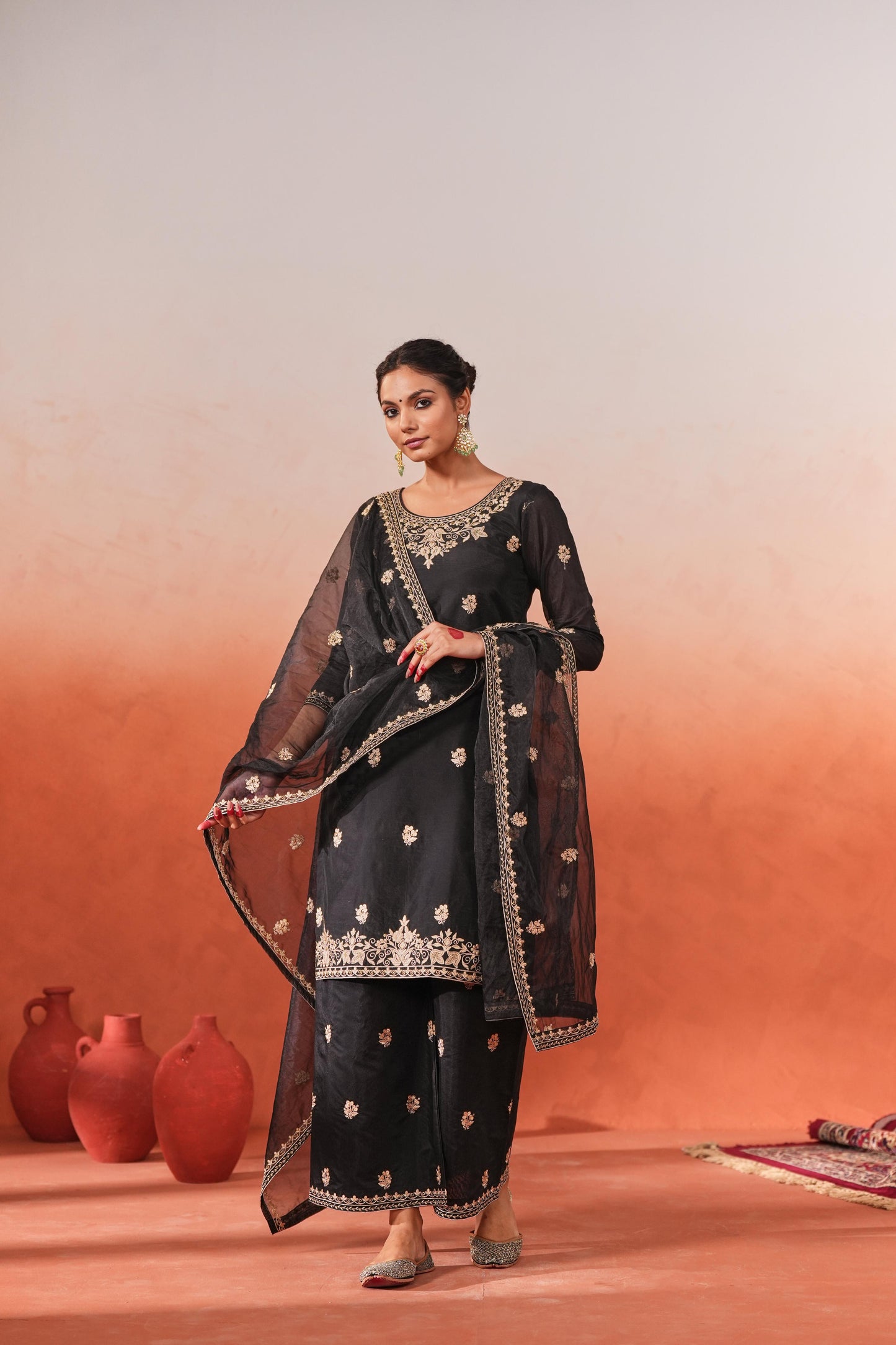 Gulnoor - Black embroidered chanderi suit set