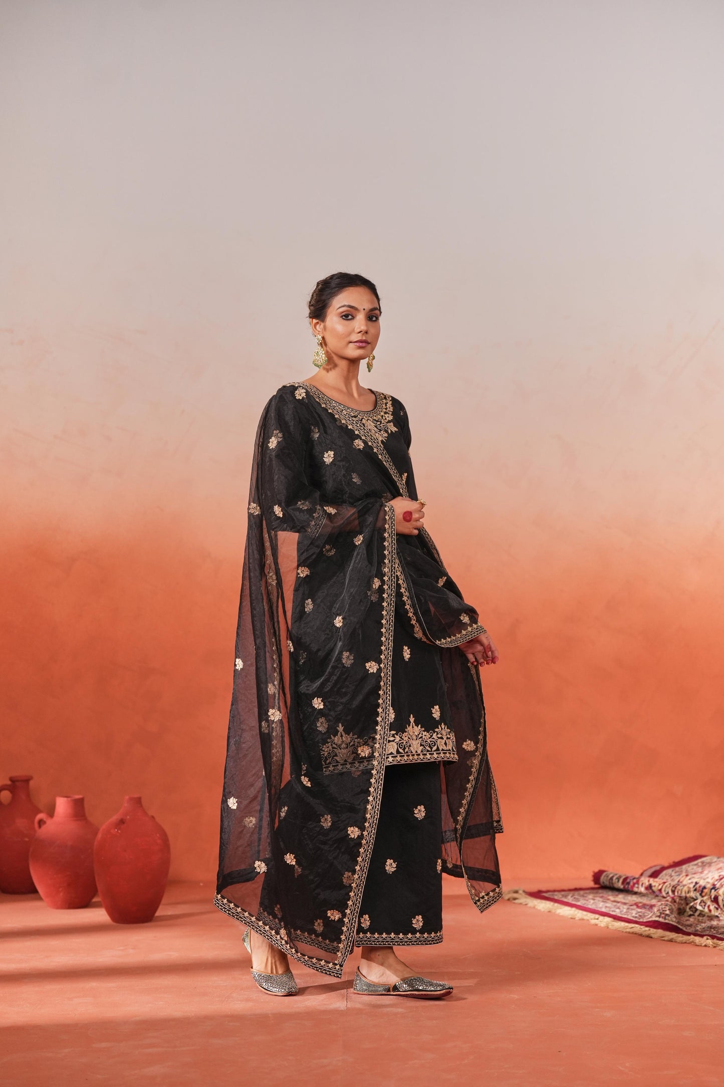 Gulnoor - Black embroidered chanderi suit set
