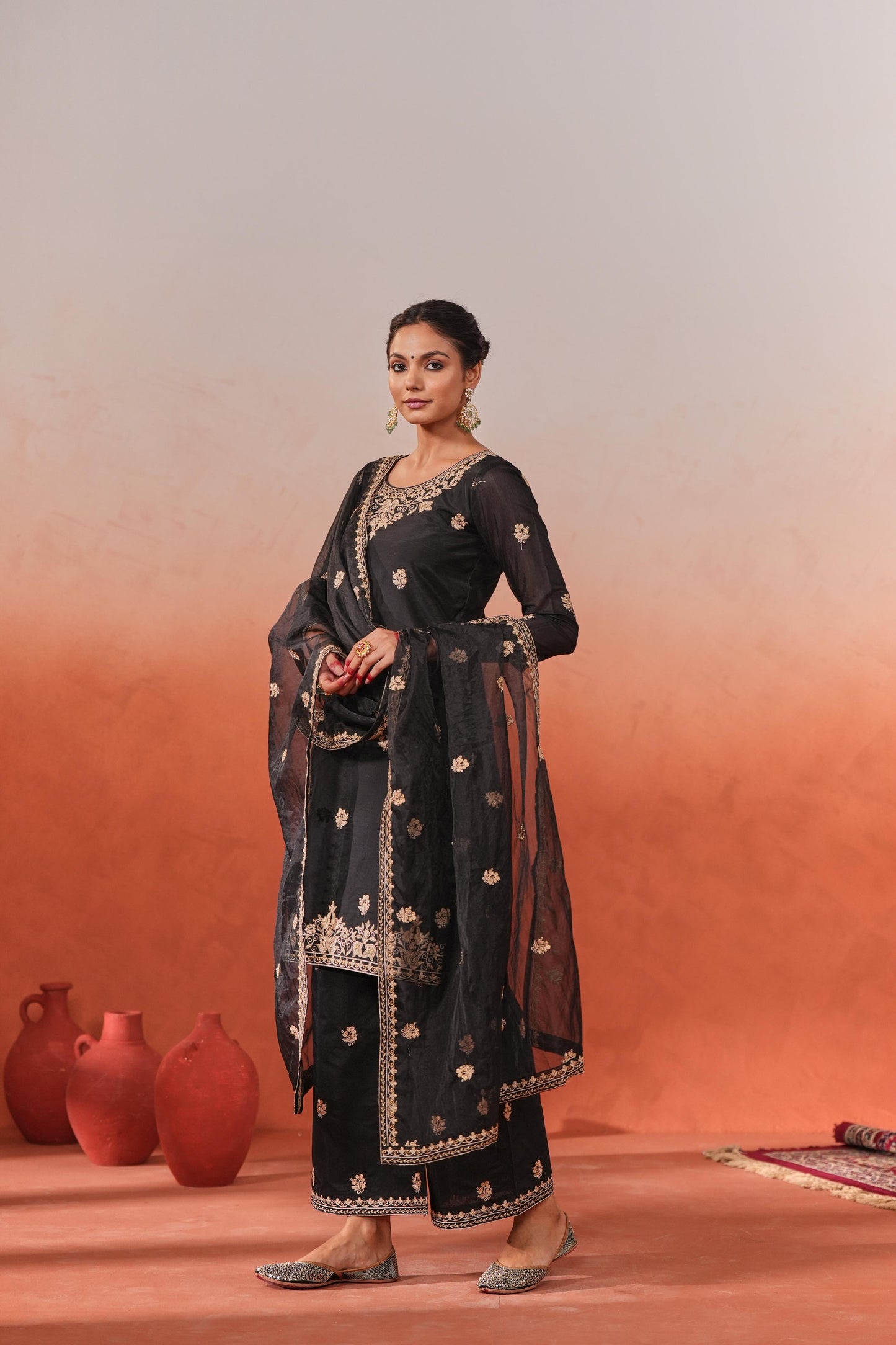 Gulnoor - Black embroidered chanderi suit set