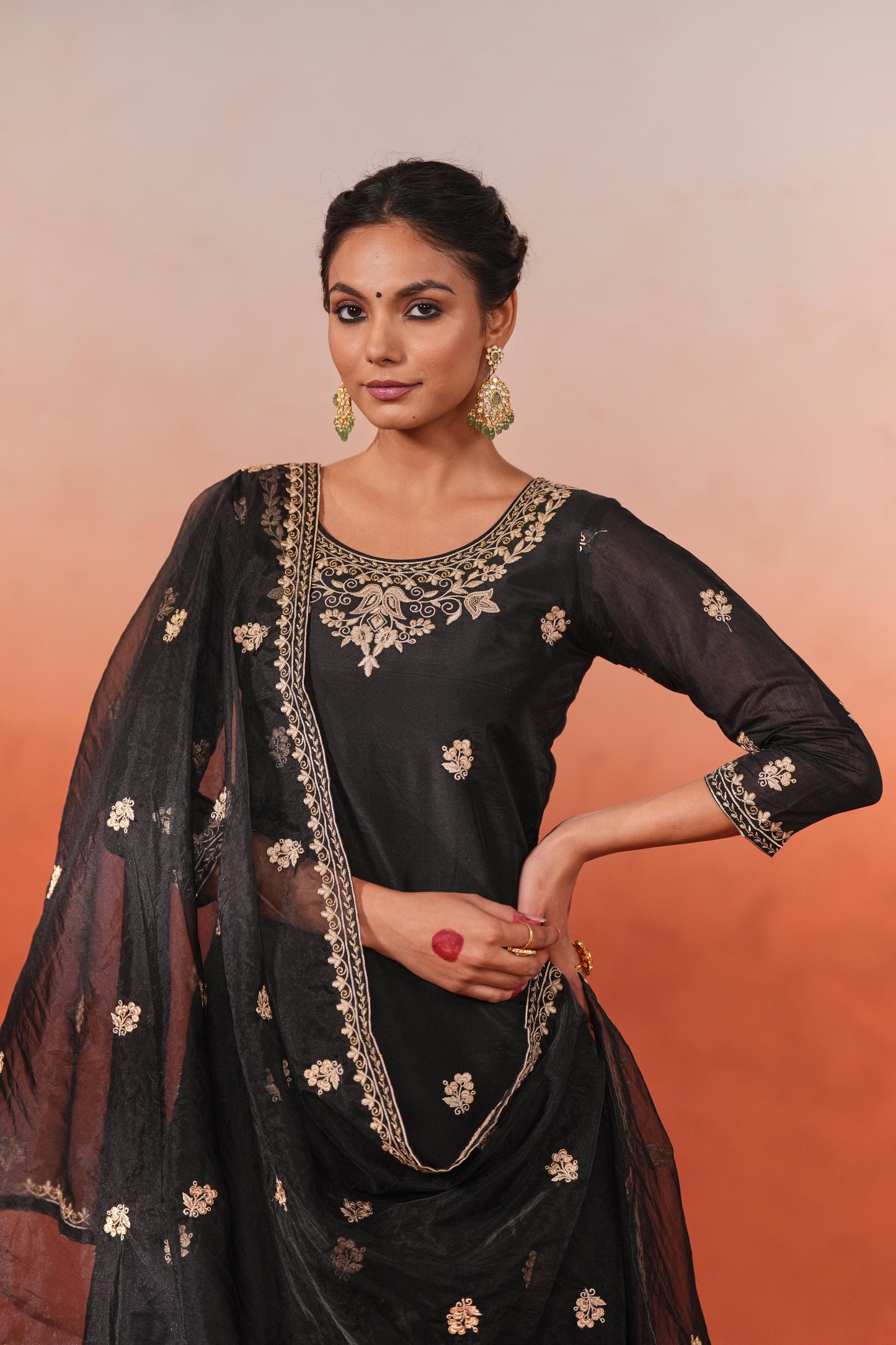 Gulnoor - Black embroidered chanderi suit set