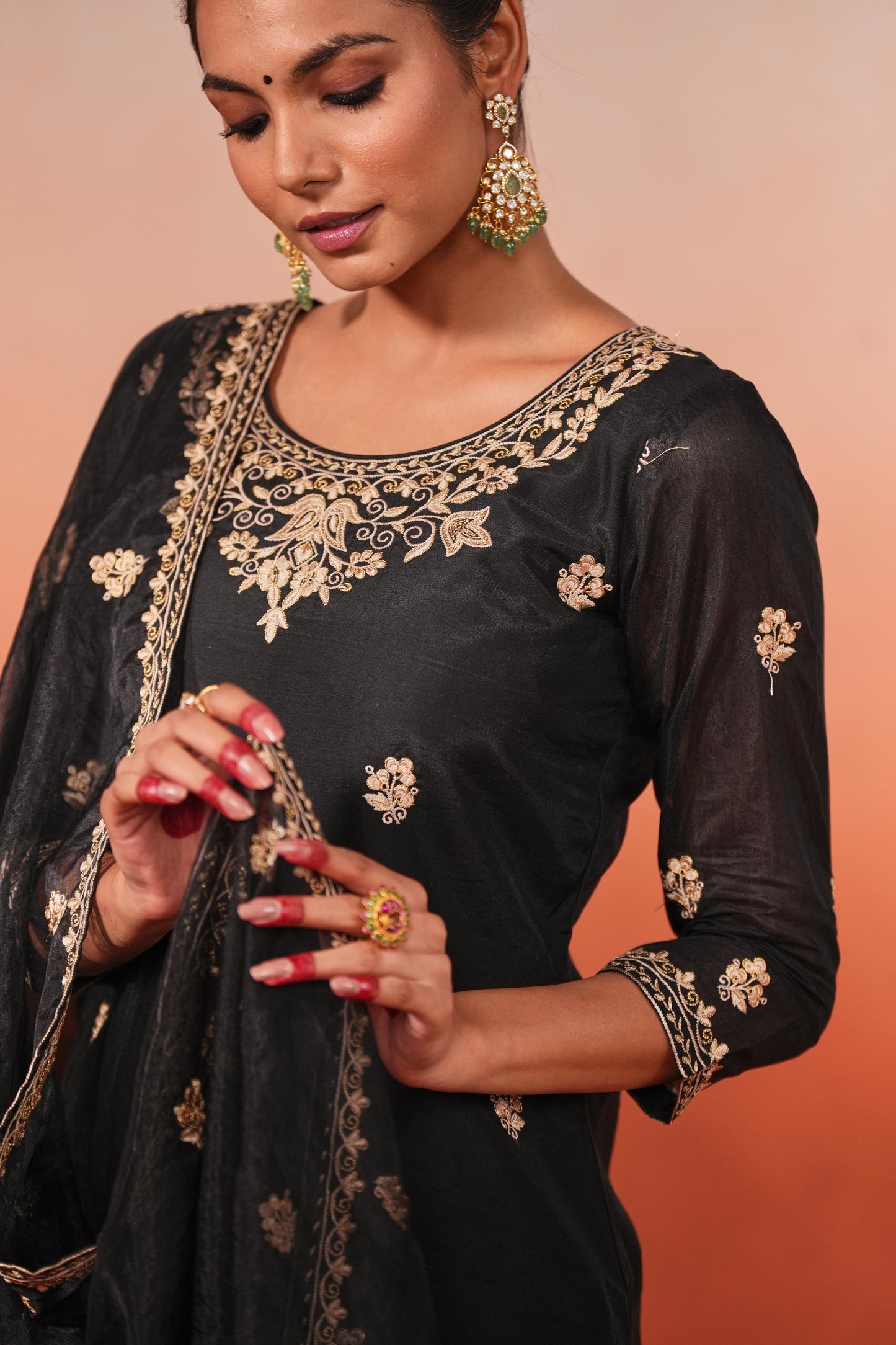 Gulnoor - Black embroidered chanderi suit set