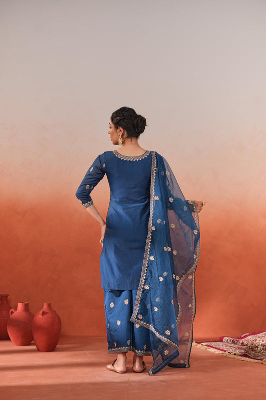 Roshan - Blue embroidered chanderi suit set