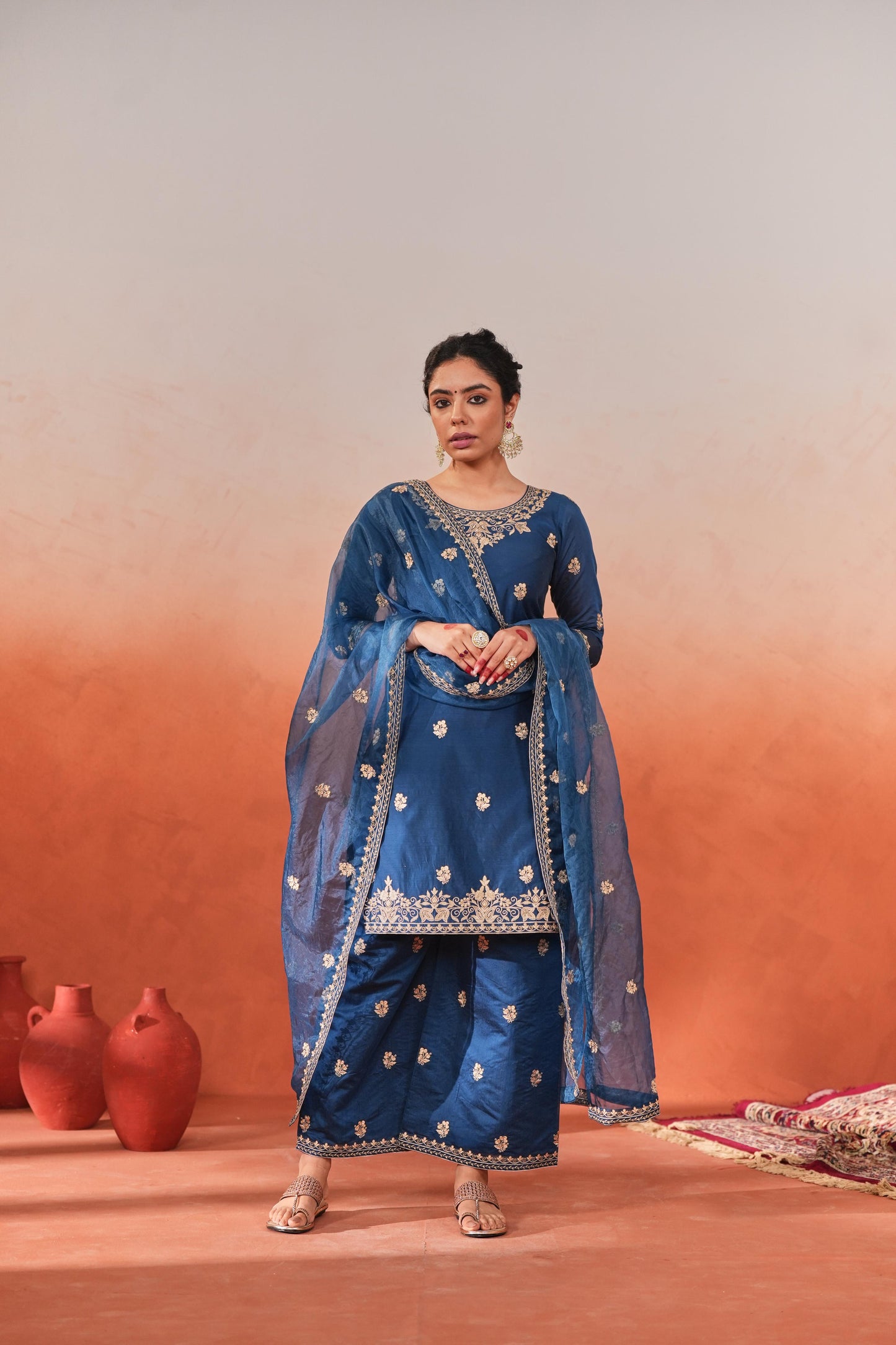 Roshan - Blue embroidered chanderi suit set
