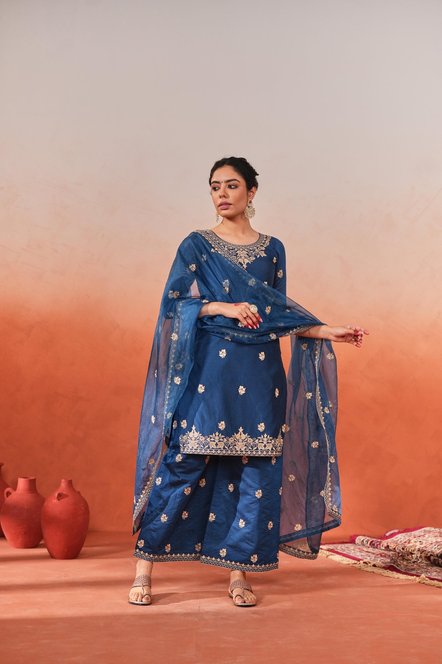 Roshan - Blue embroidered chanderi suit set