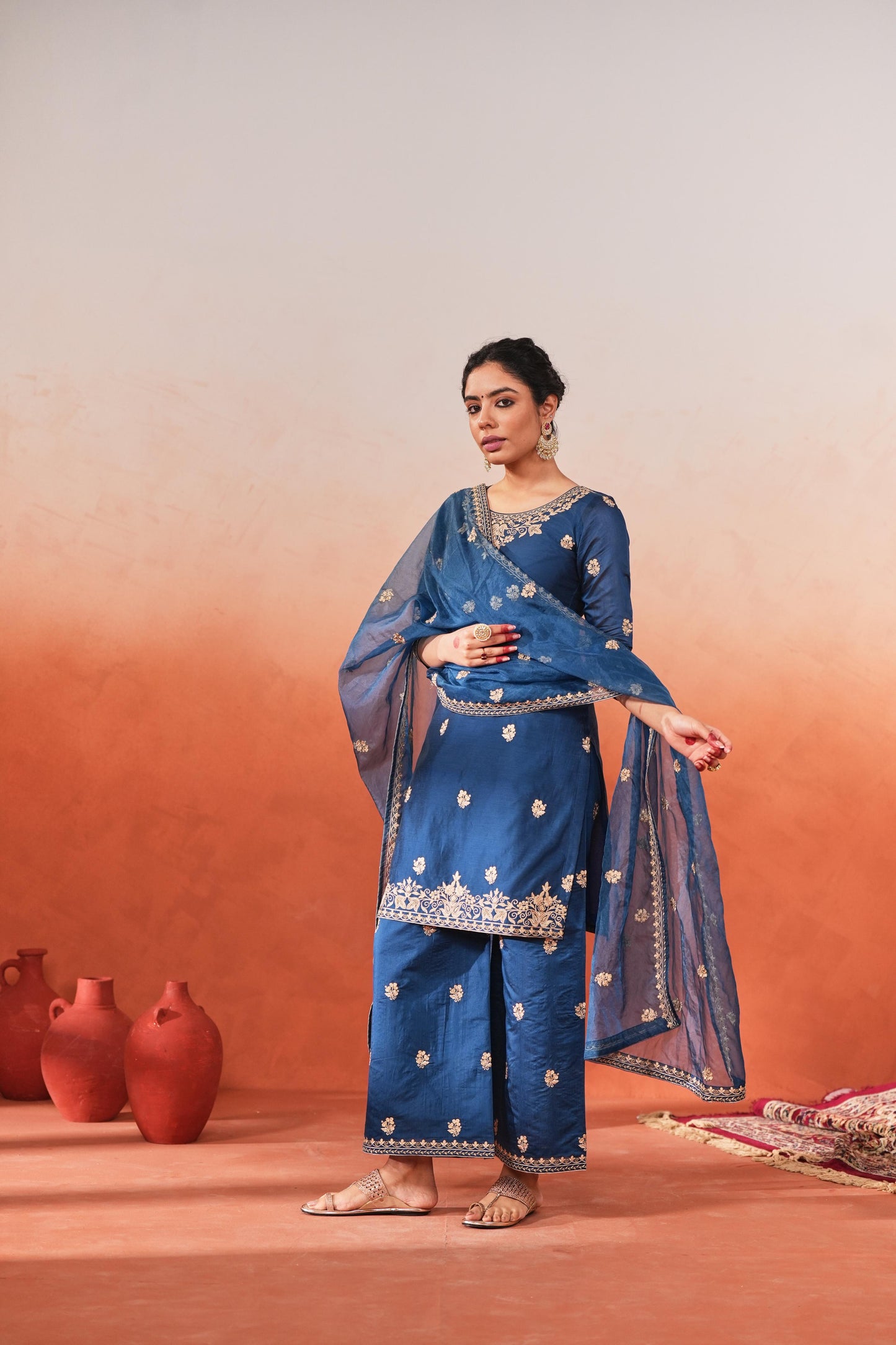 Roshan - Blue embroidered chanderi suit set
