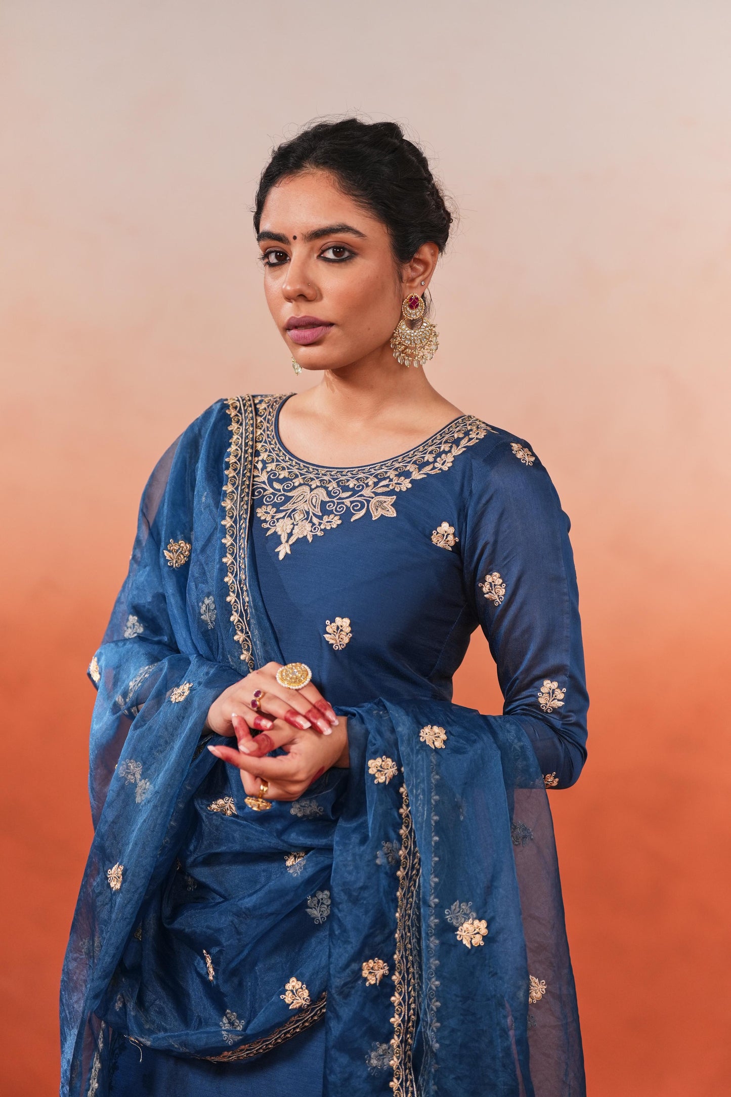 Roshan - Blue embroidered chanderi suit set