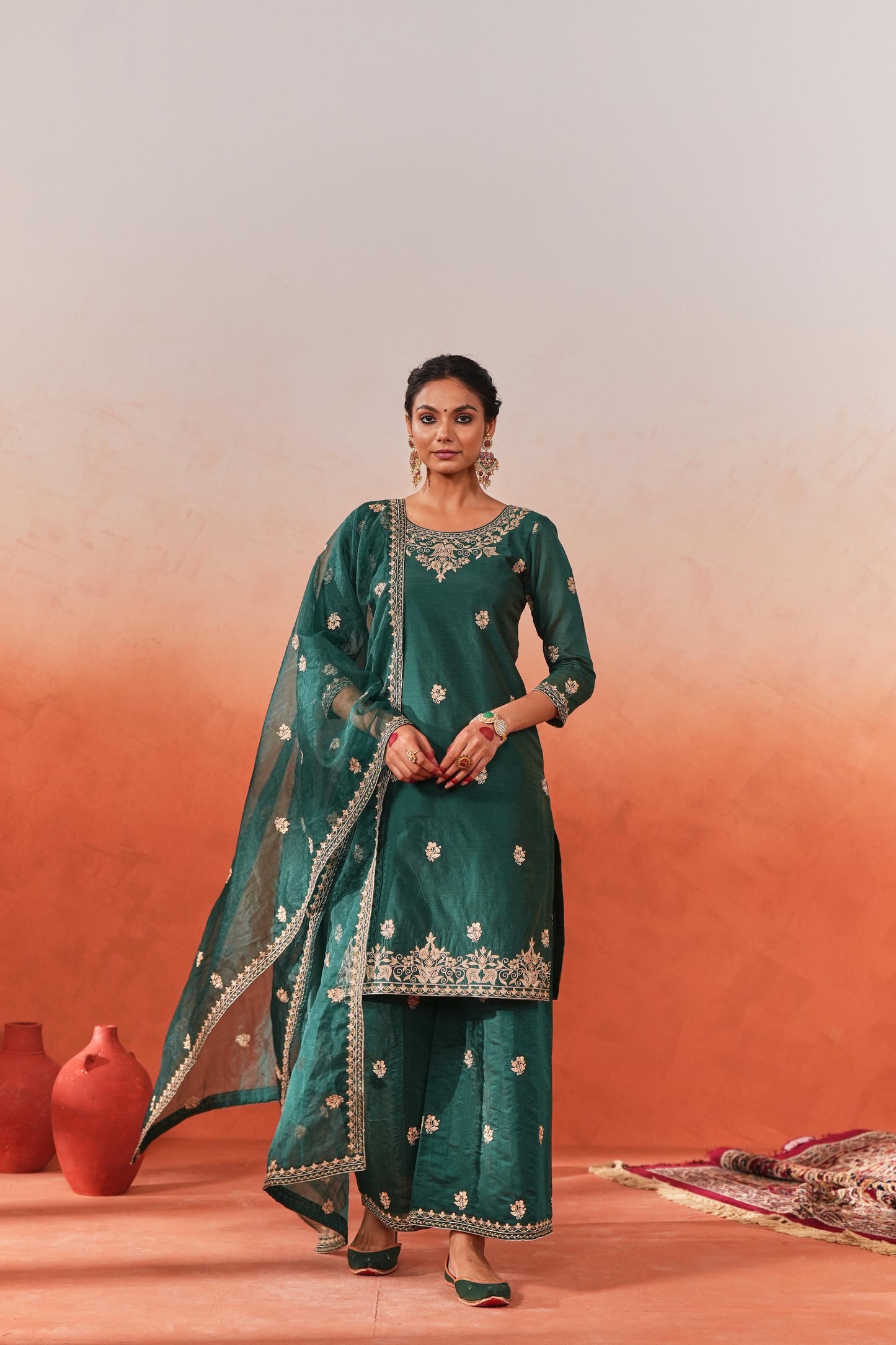 Dilnoor - Green Embroidered chanderi Suit Set
