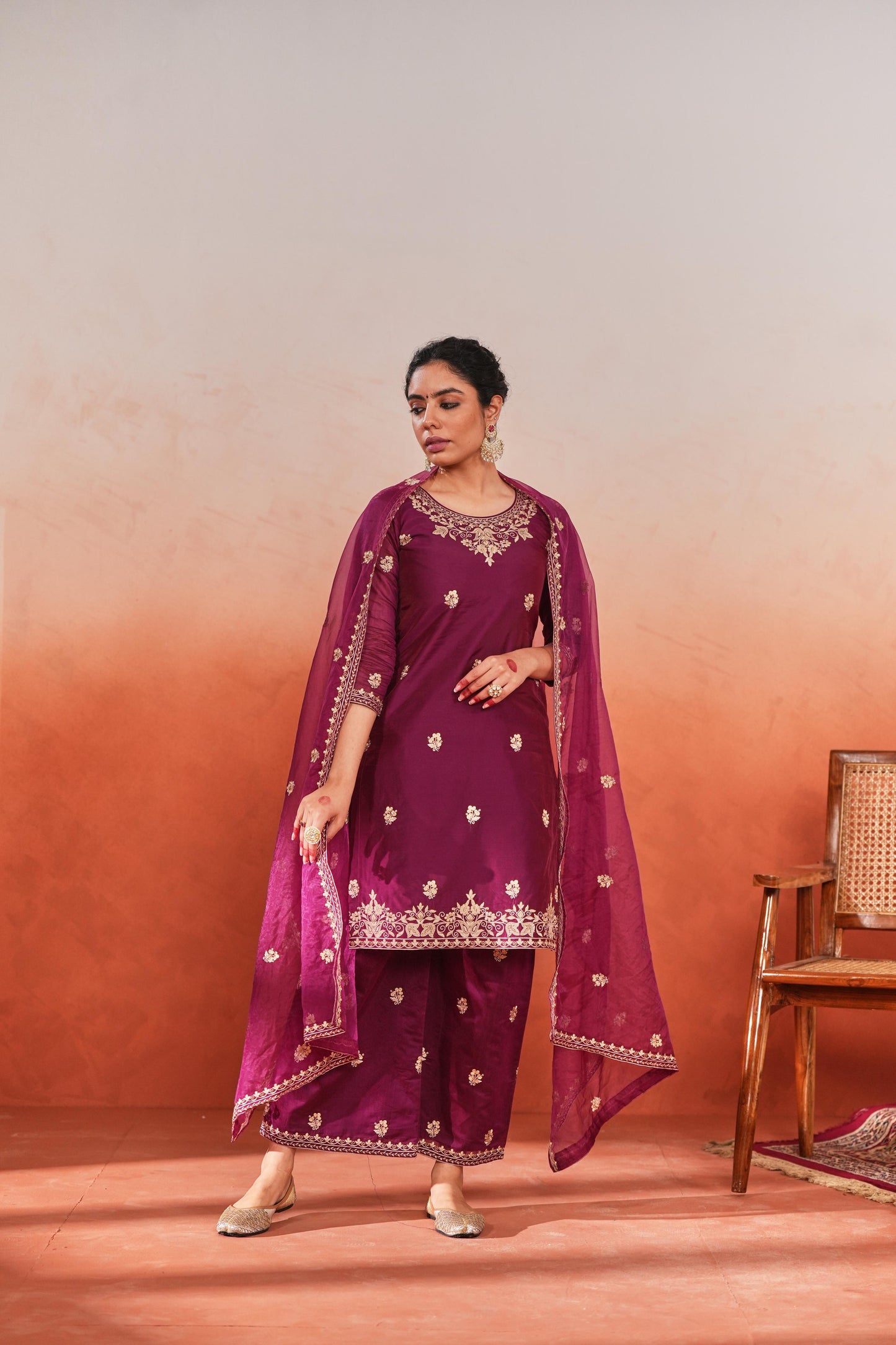 Bani - Wine Chanderi Embroidered Suit Set