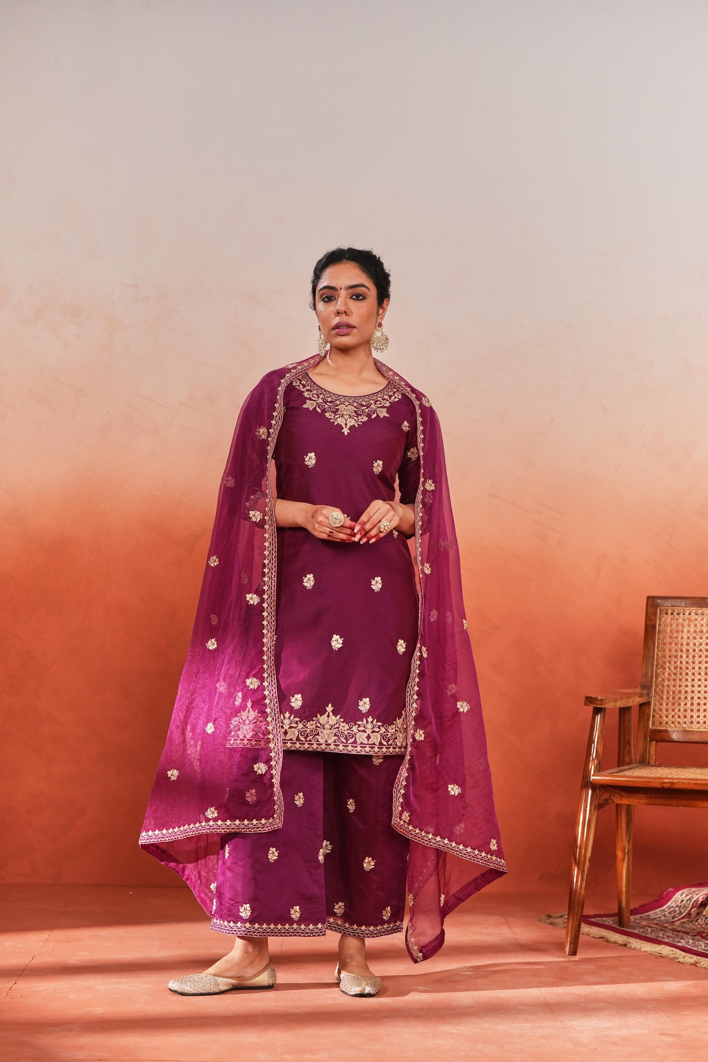 Bani - Wine Chanderi Embroidered Suit Set