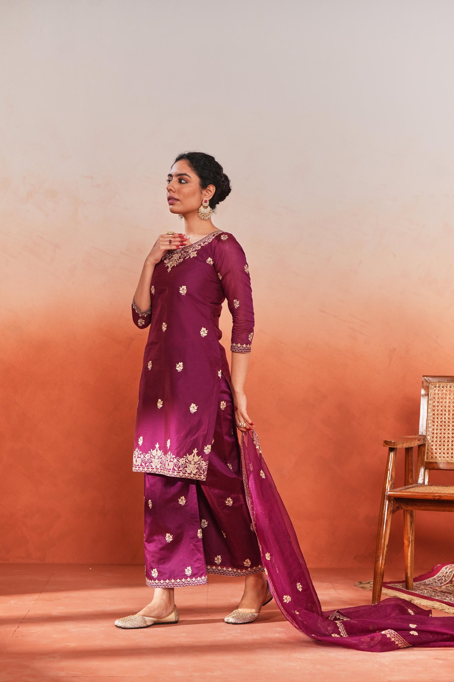 Bani - Wine Chanderi Embroidered Suit Set
