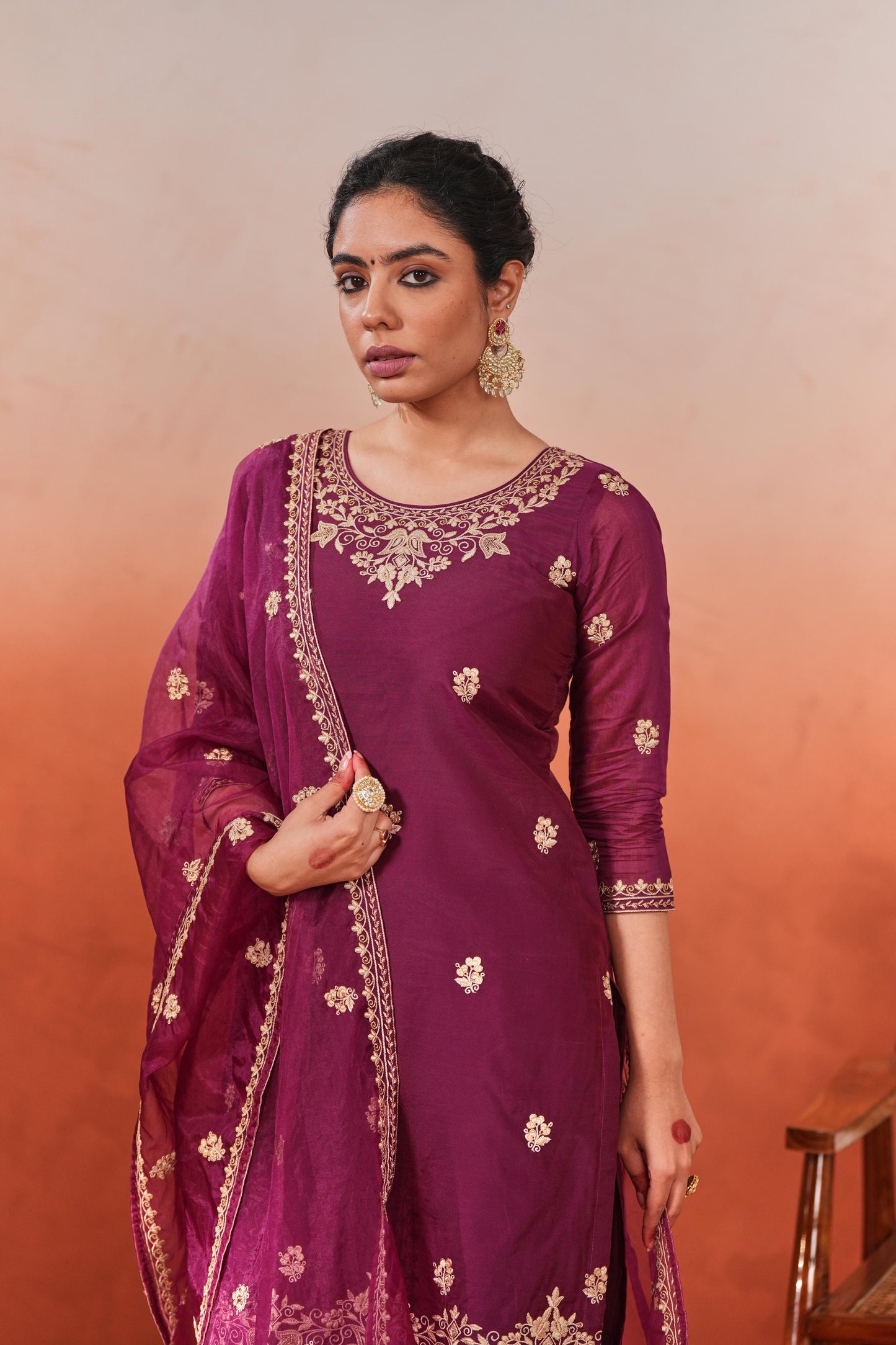 Bani - Wine Chanderi Embroidered Suit Set