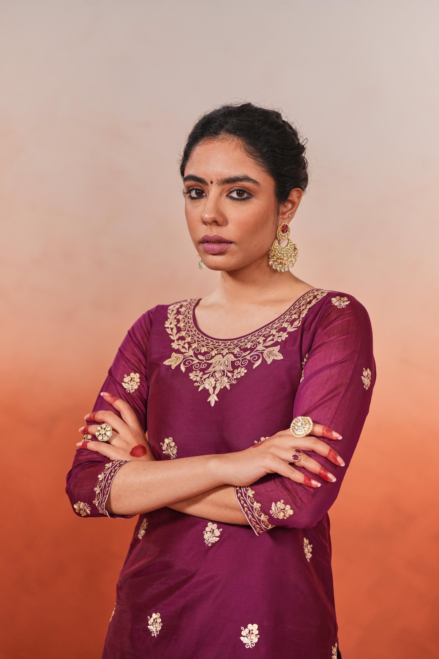 Bani - Wine Chanderi Embroidered Suit Set