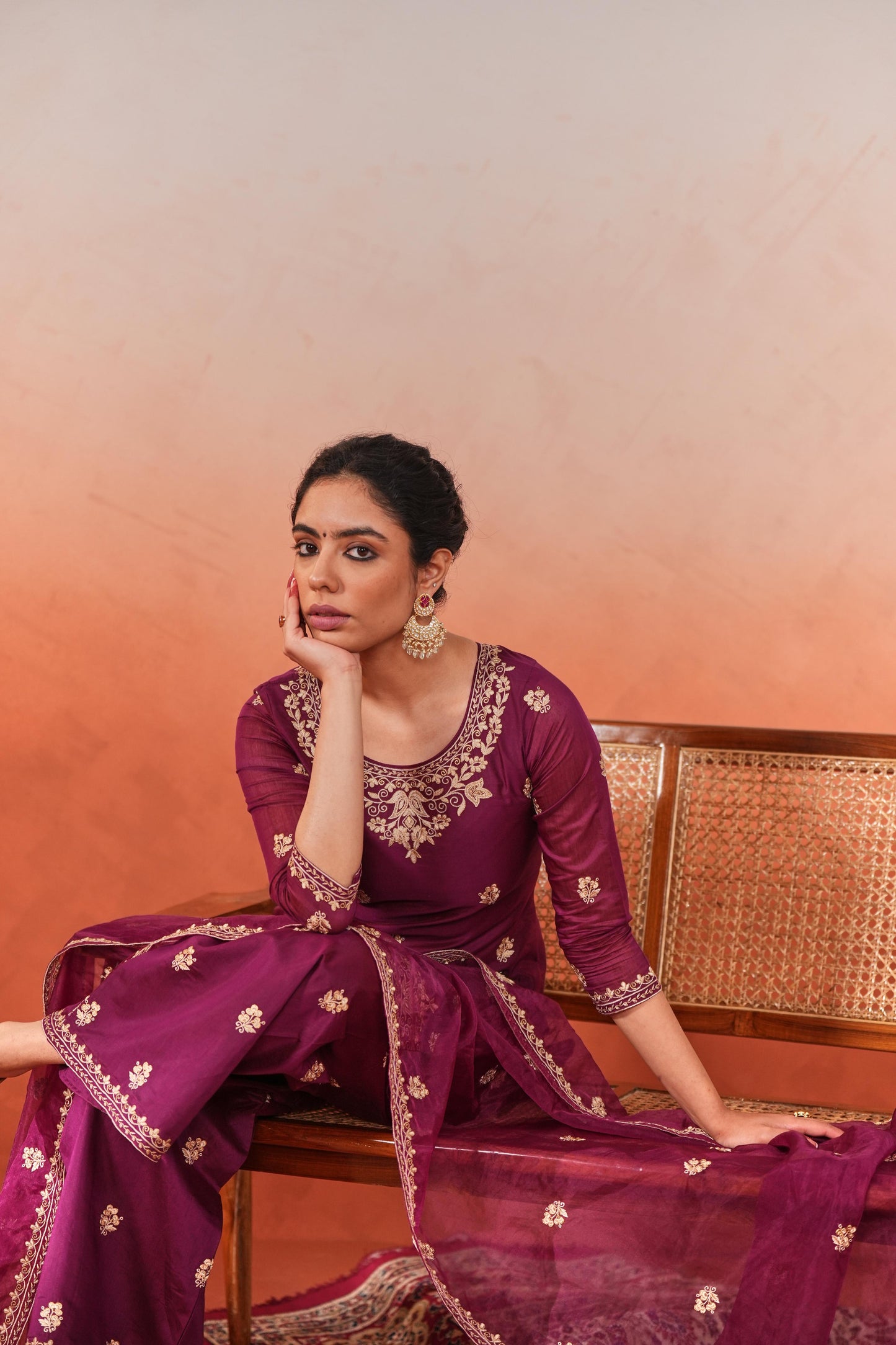 Bani - Wine Chanderi Embroidered Suit Set