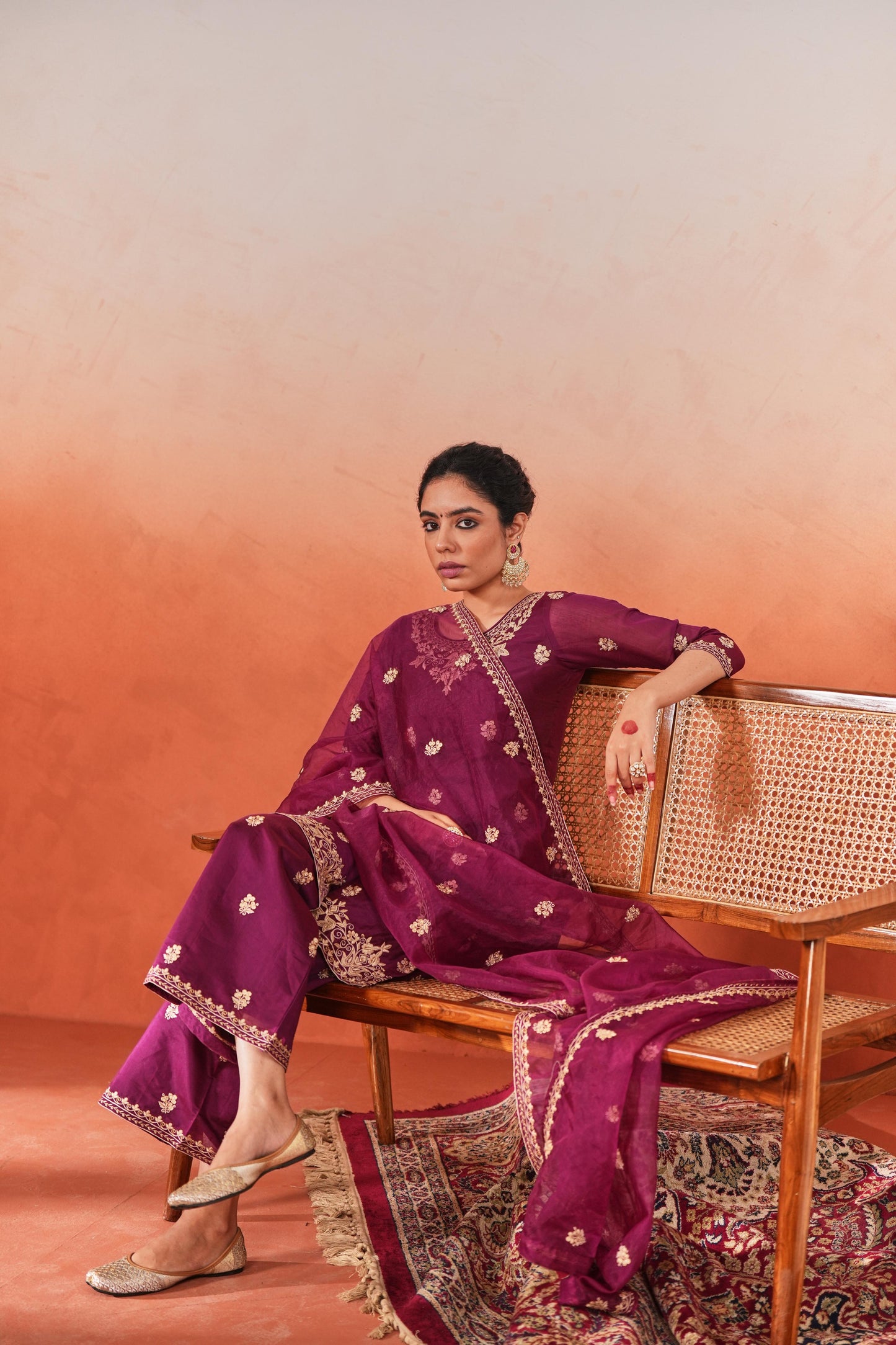Bani - Wine Chanderi Embroidered Suit Set
