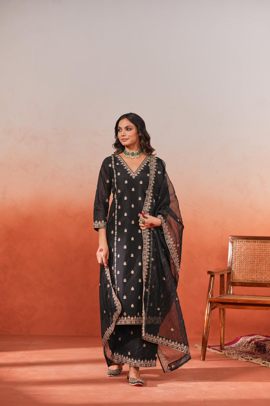 Fannah - Black Chanderi Embroidered Suit Set