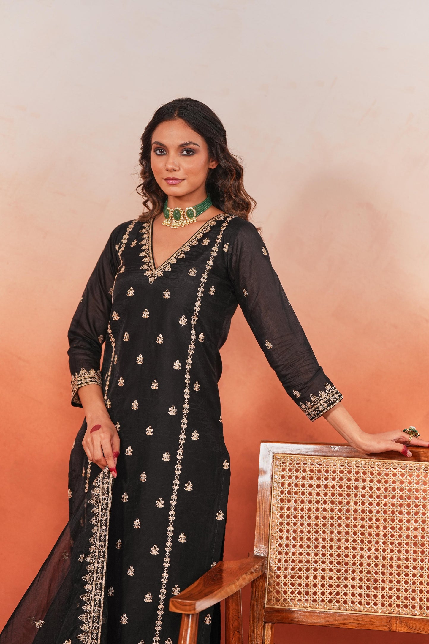 Bhavdeep Kaur in Fannah - Black Chanderi Embroidered Suit Set