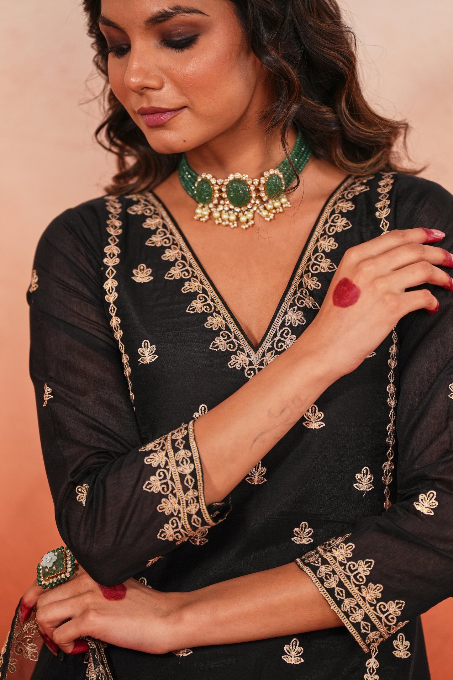Simran Sethi in Fannah - Black Chanderi Embroidered Suit Set