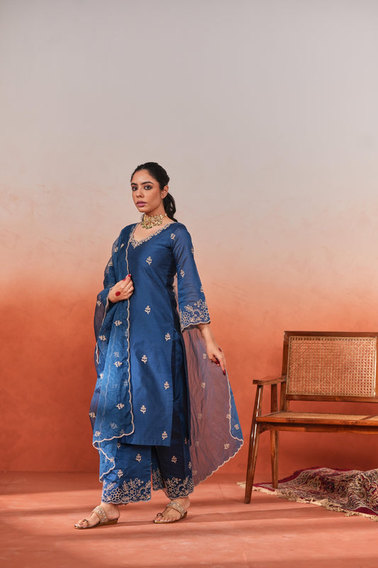 Firoz - Blue Chanderi Embroidered Suit Set
