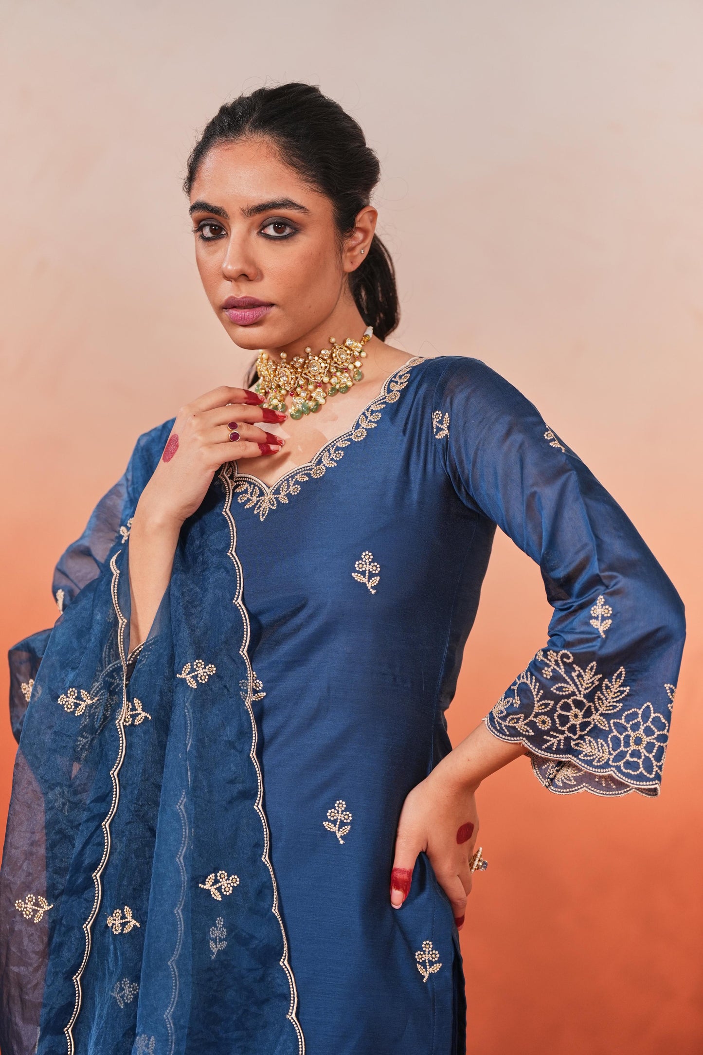 Firoz - Blue Chanderi Embroidered Suit Set