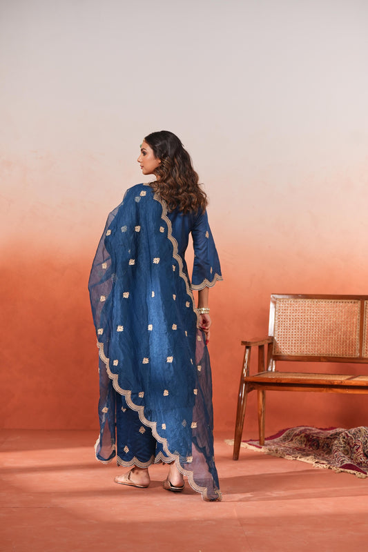 Gul- Blue Embroidered Chanderi Suit Set