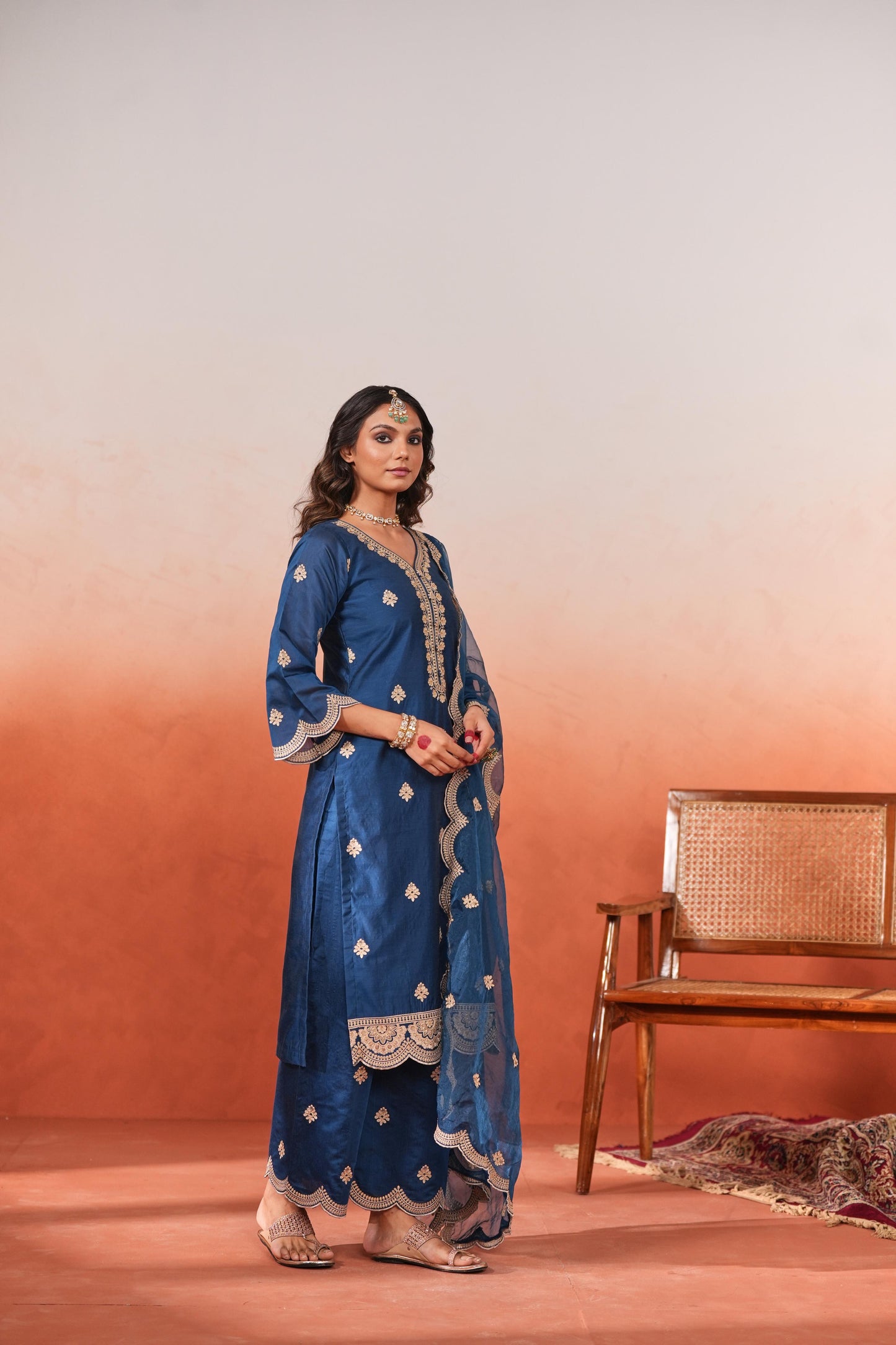 Gul- Blue Embroidered Chanderi Suit Set