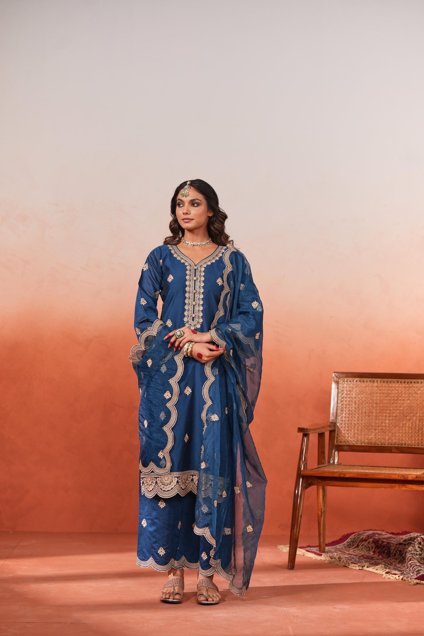 Gul- Blue Embroidered Chanderi Suit Set