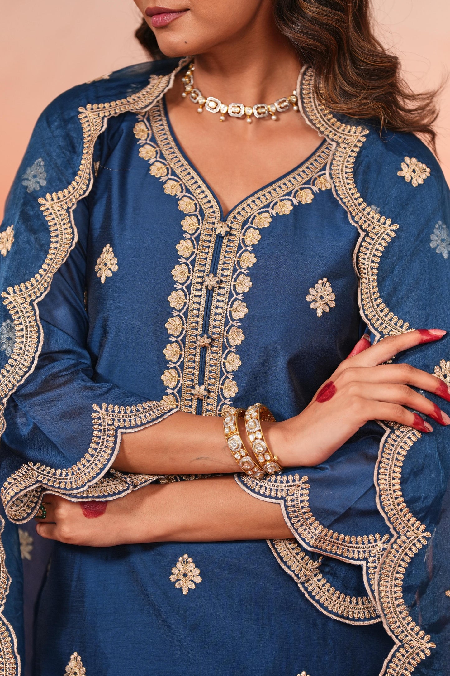 Gul- Blue Embroidered Chanderi Suit Set