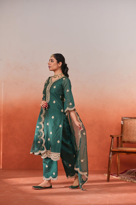 Taazgi - Green Embroidered Chanderi Suit Set