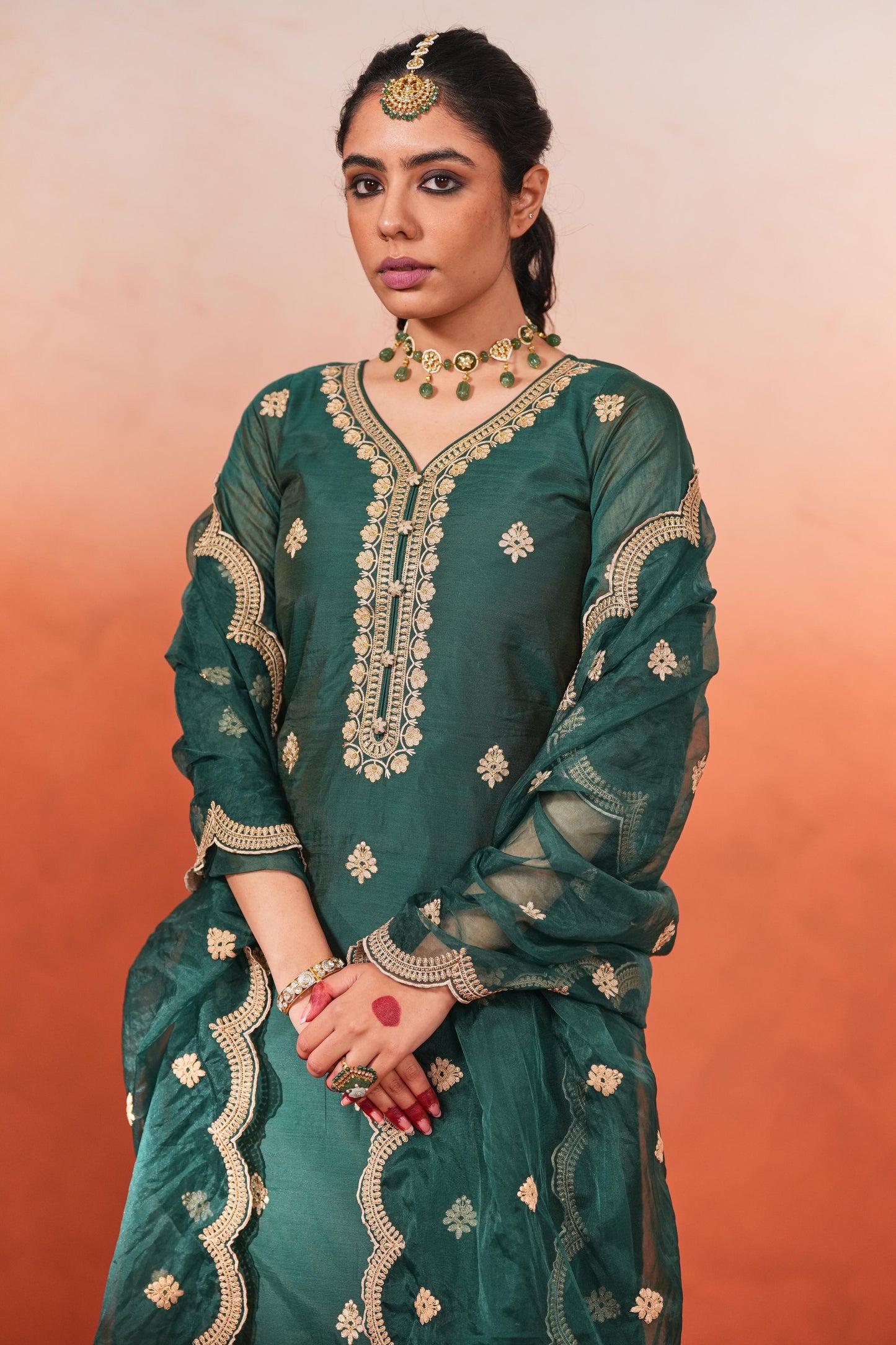 Taazgi - Green Embroidered Chanderi Suit Set