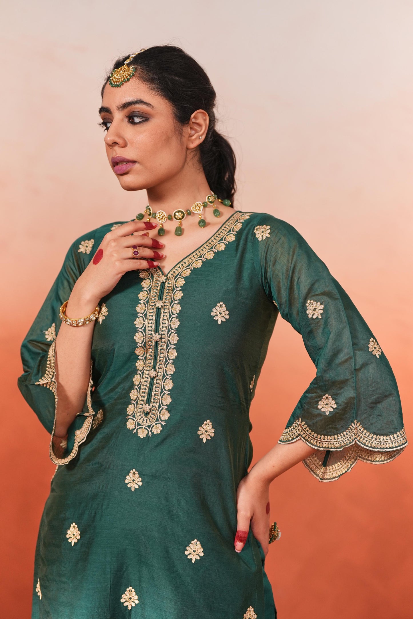 Taazgi - Green Embroidered Chanderi Suit Set