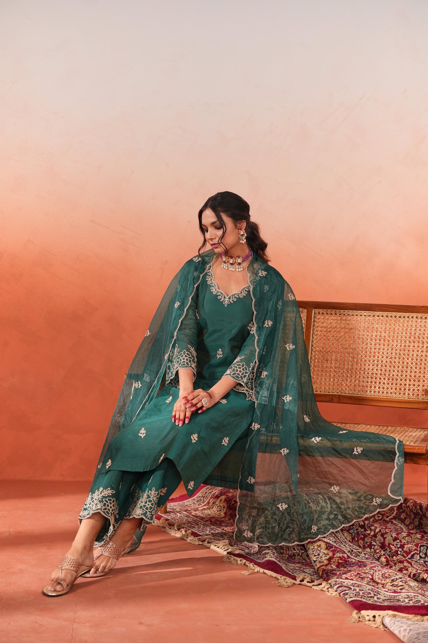 Suroor - Green Chanderi Embroidered Suit Set