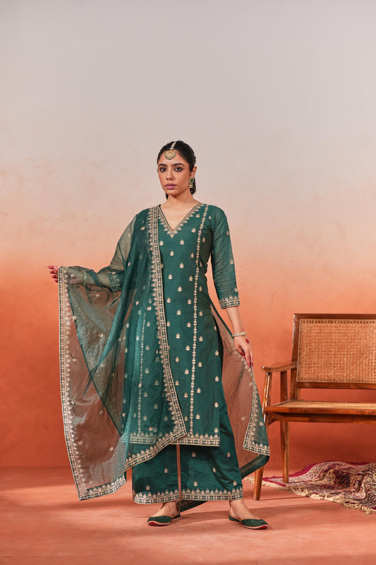 Gul-o-rang - Green Chanderi Embroidered Suit Set