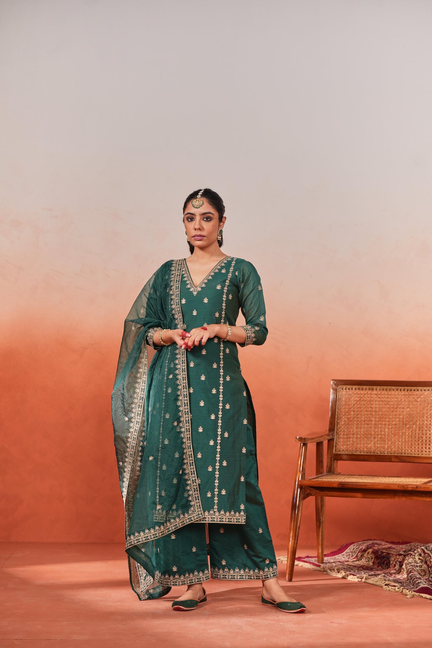 Gul-o-rang - Green Chanderi Embroidered Suit Set