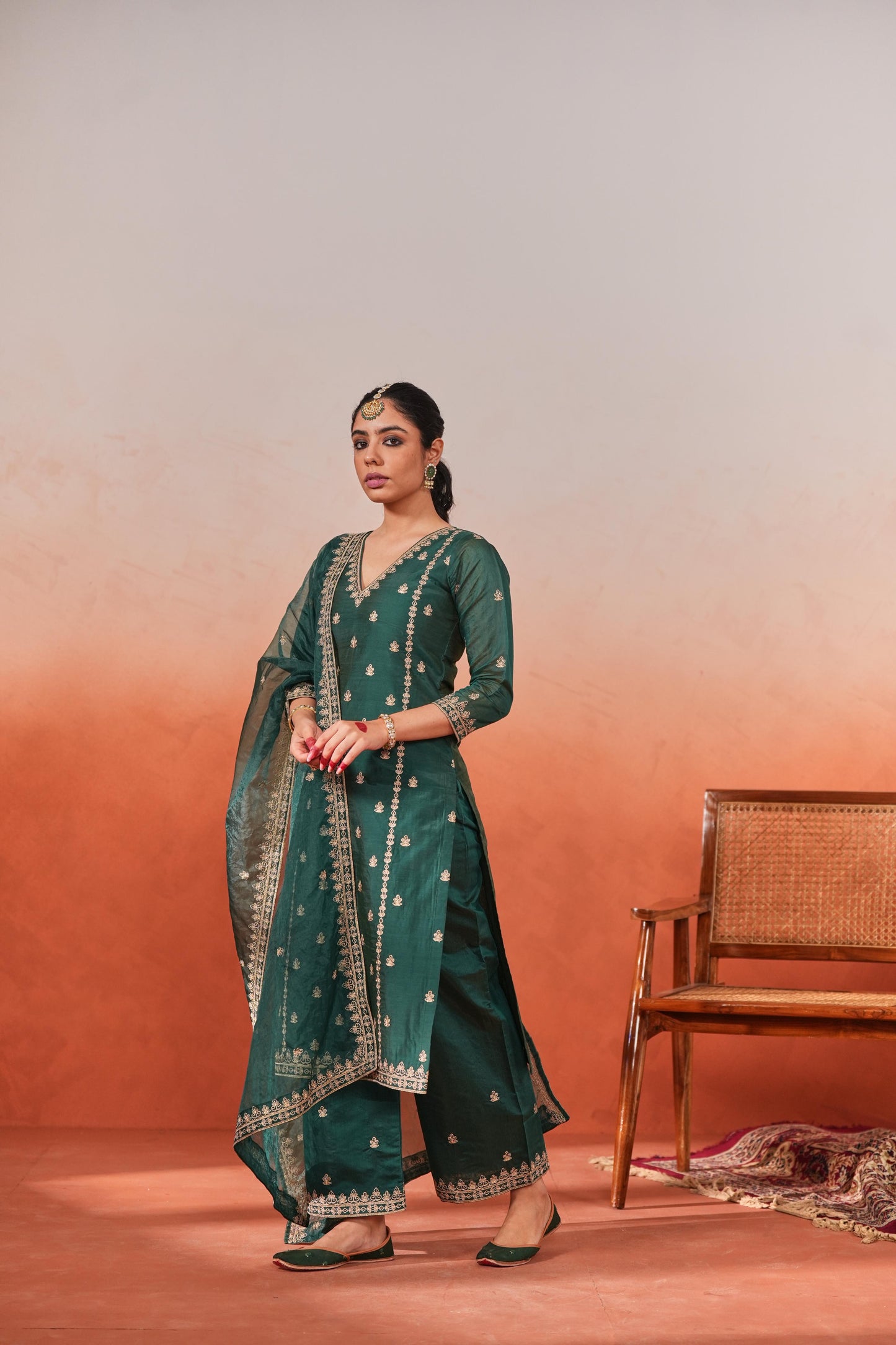 Gul-o-rang - Green Chanderi Embroidered Suit Set