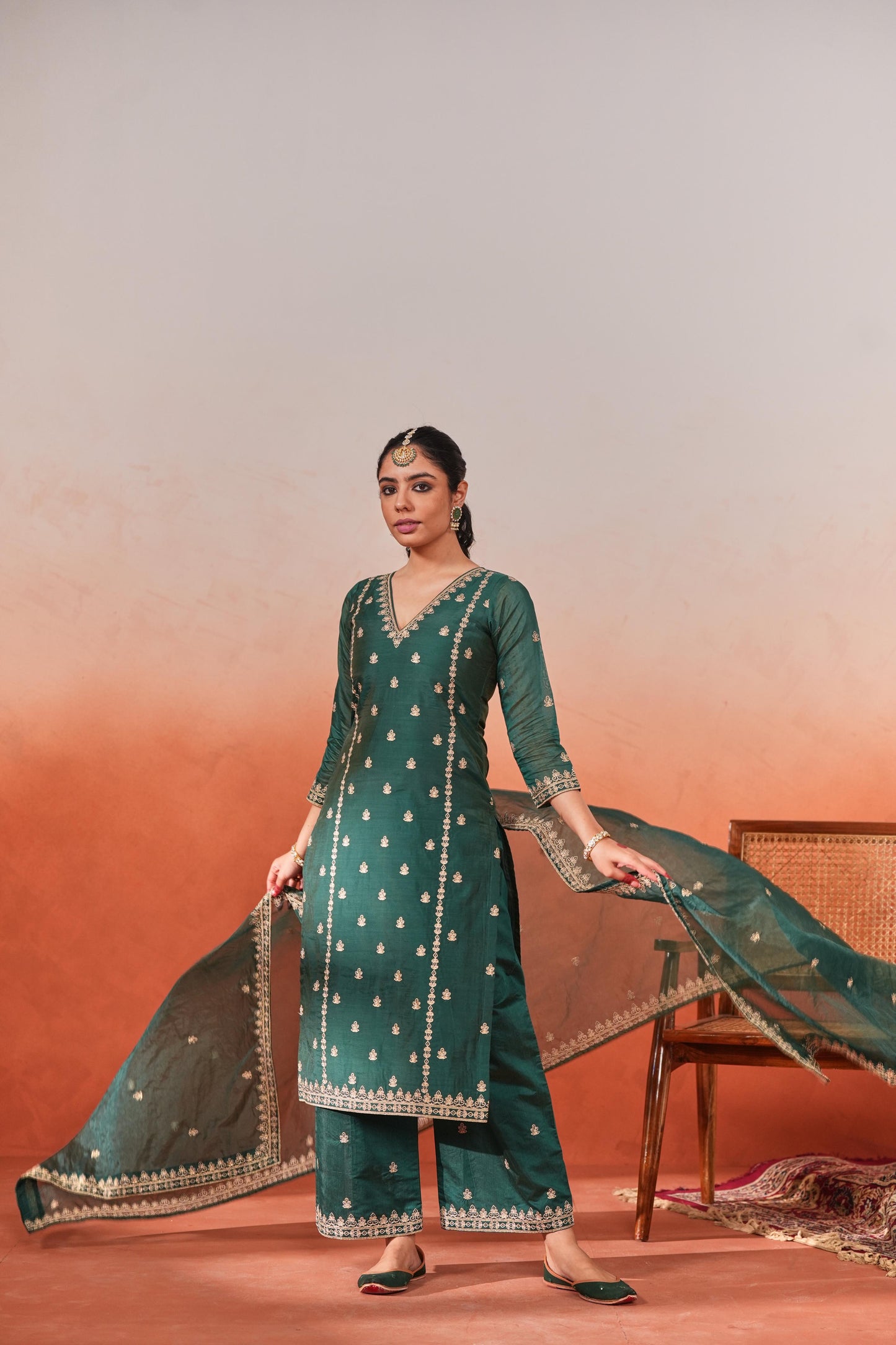 Gul-o-rang - Green Chanderi Embroidered Suit Set