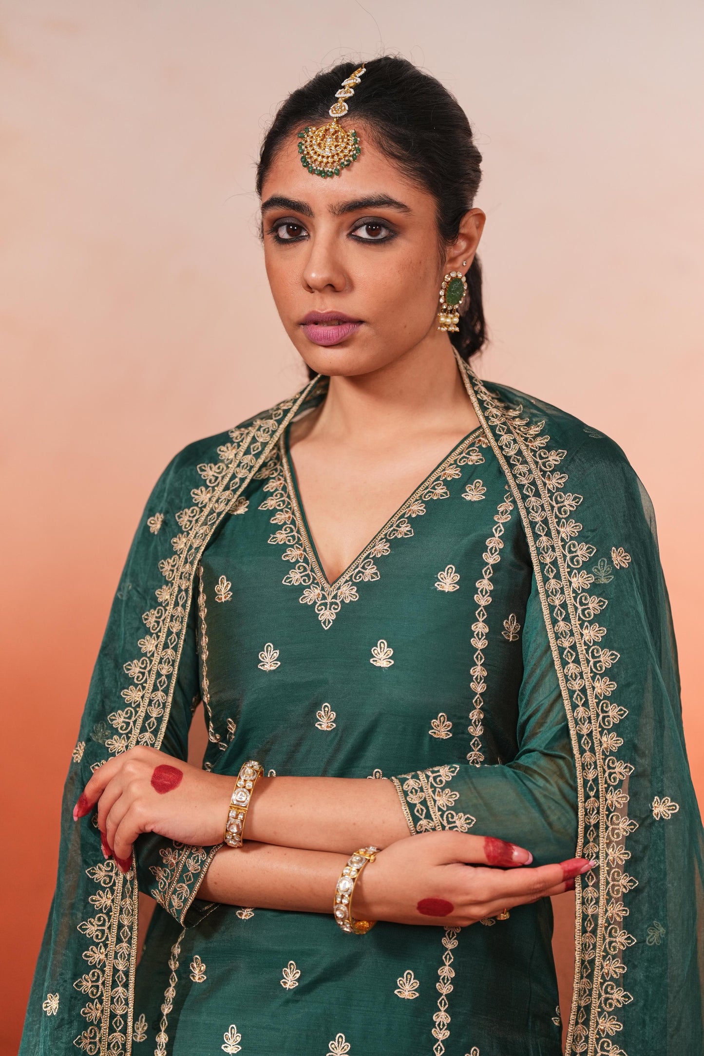Gul-o-rang - Green Chanderi Embroidered Suit Set