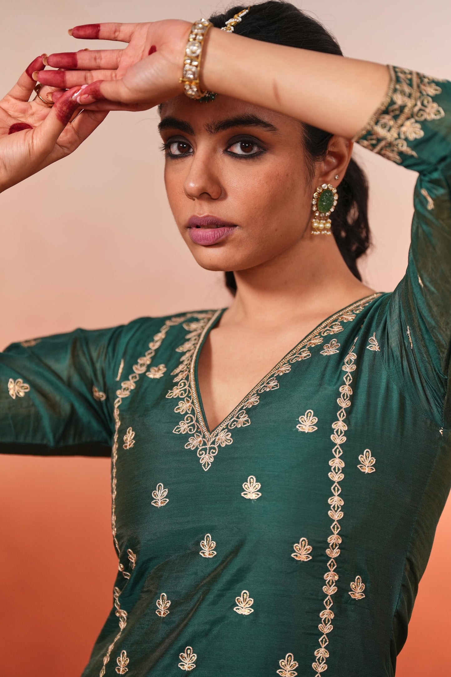 Gul-o-rang - Green Chanderi Embroidered Suit Set