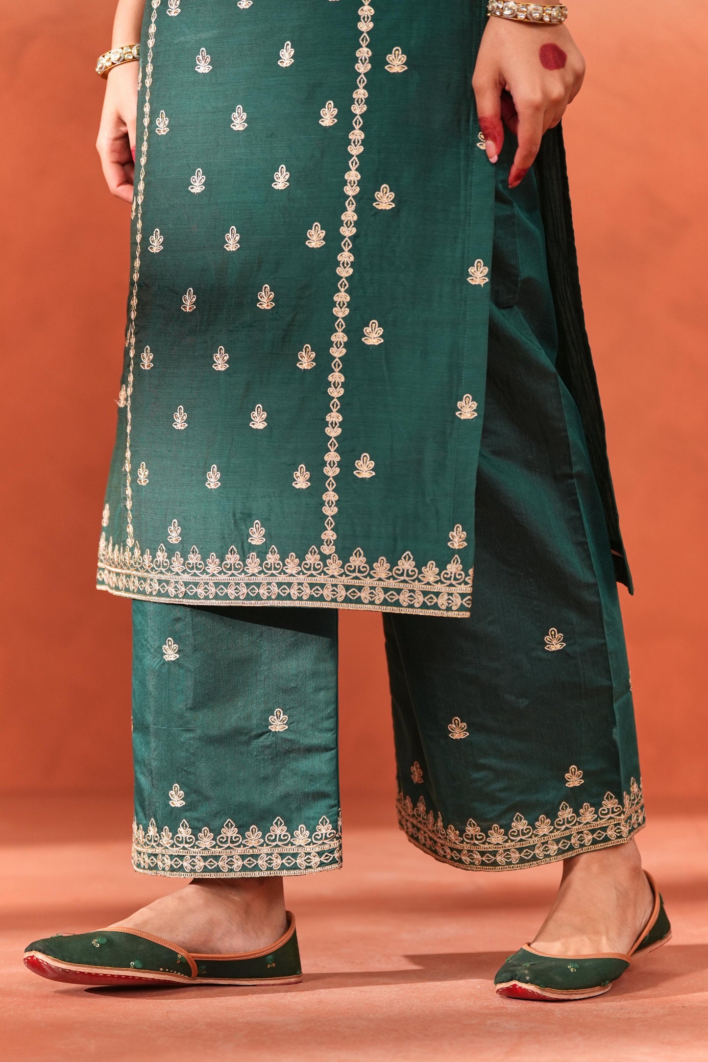 Gul-o-rang - Green Chanderi Embroidered Suit Set