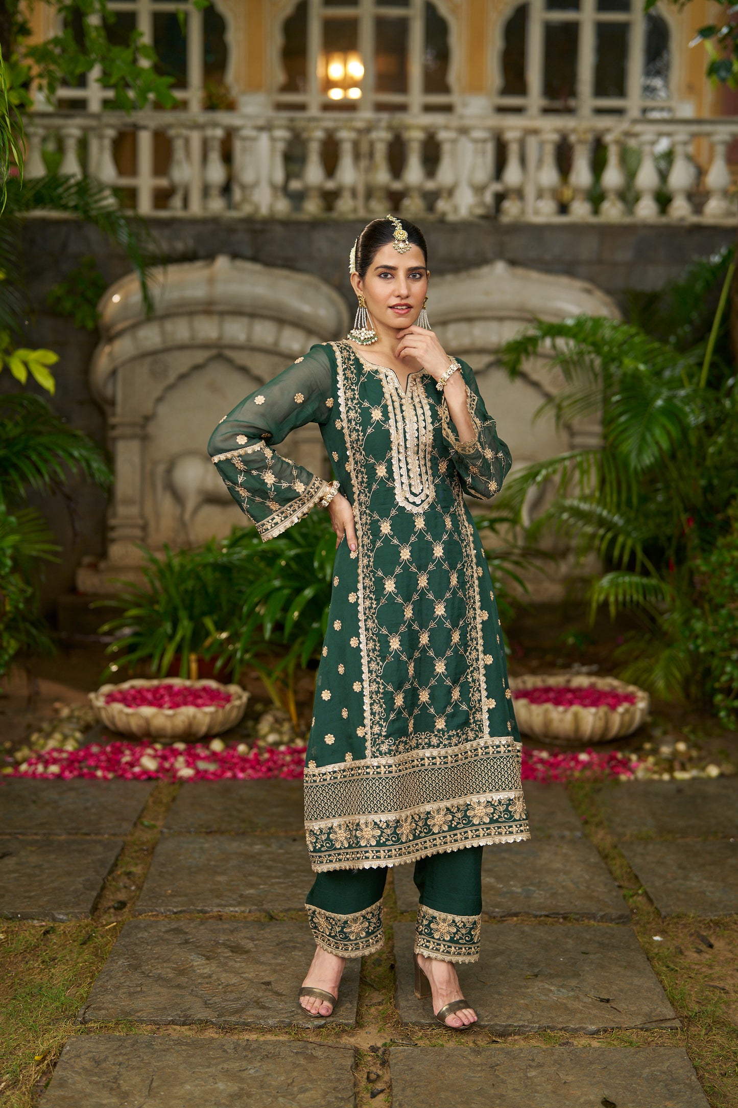 ISHITA - Green Organza A-line Suit Set
