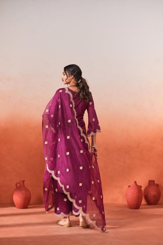 Raatrani - Wine Embroidered Chanderi Suit Set