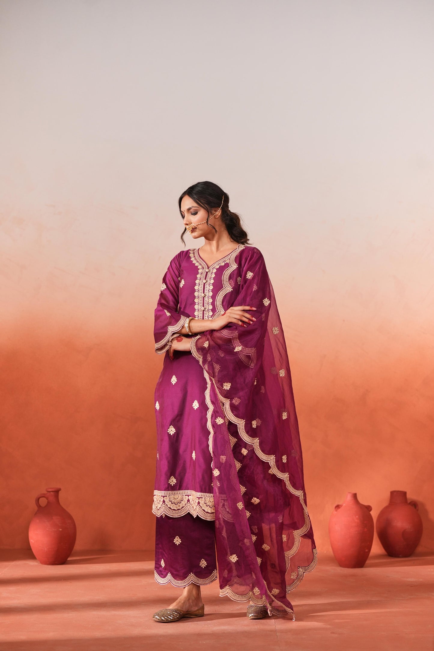 Raatrani - Wine Embroidered Chanderi Suit Set