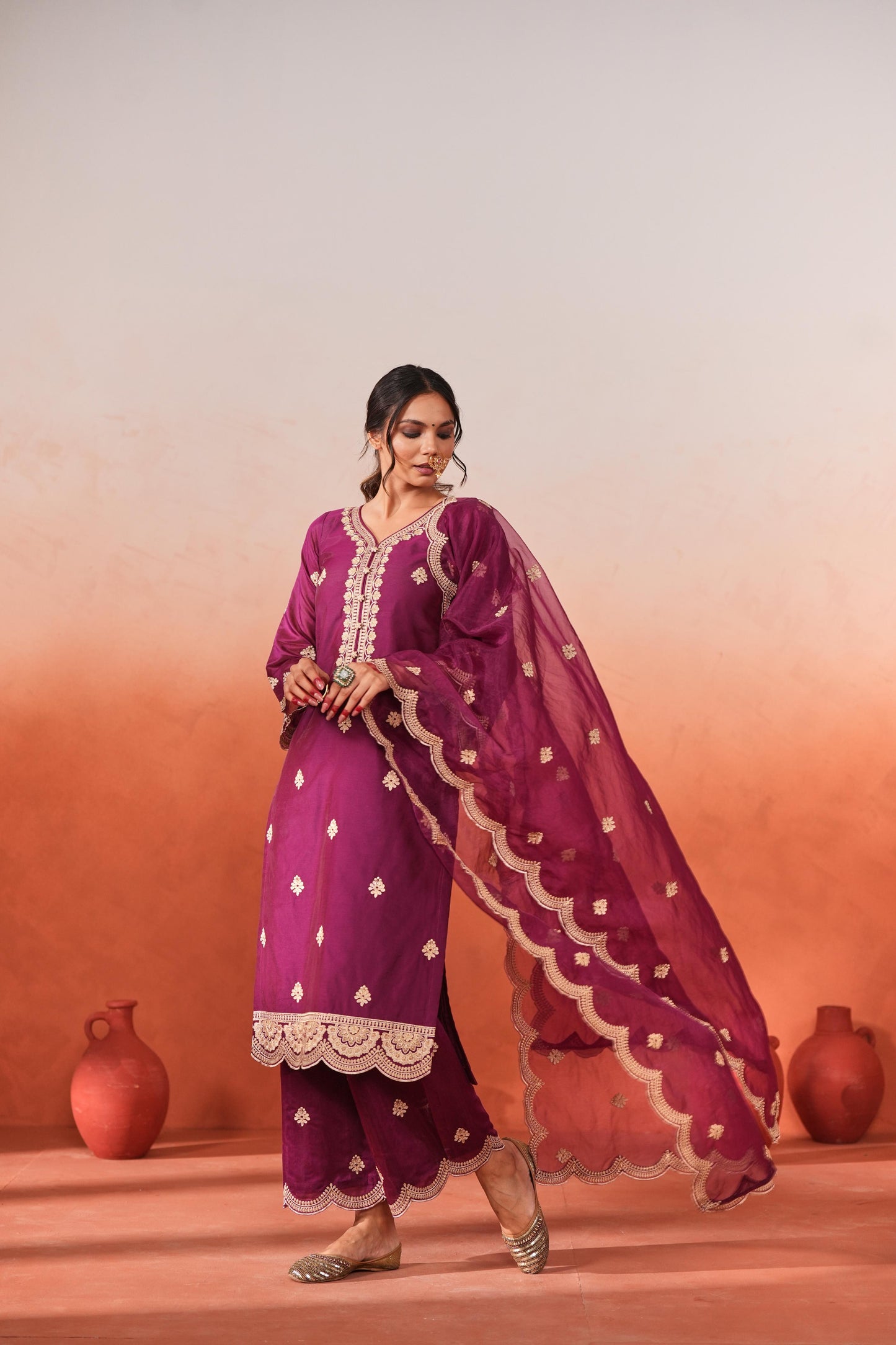 Raatrani - Wine Embroidered Chanderi Suit Set
