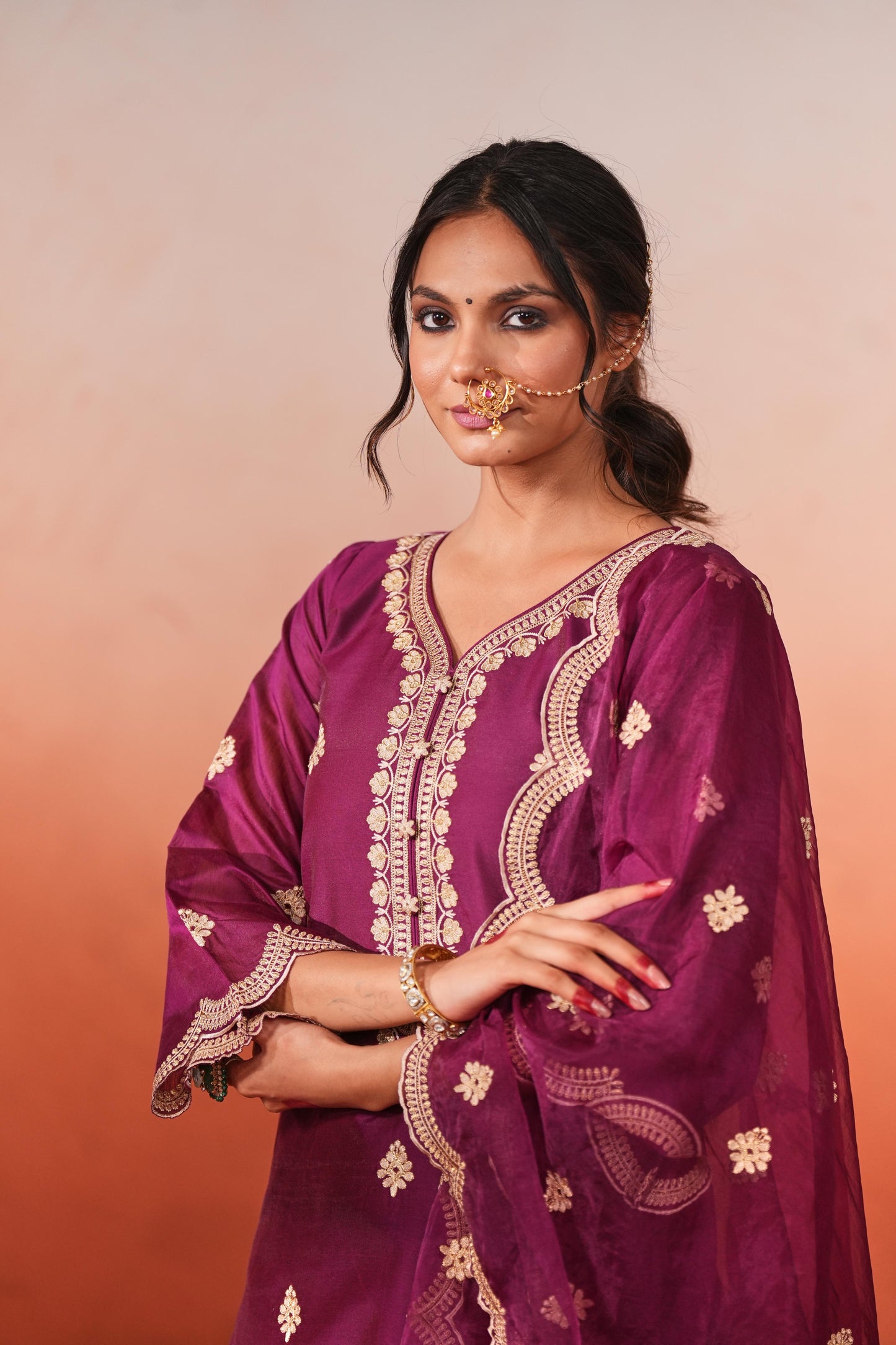 Raatrani - Wine Embroidered Chanderi Suit Set