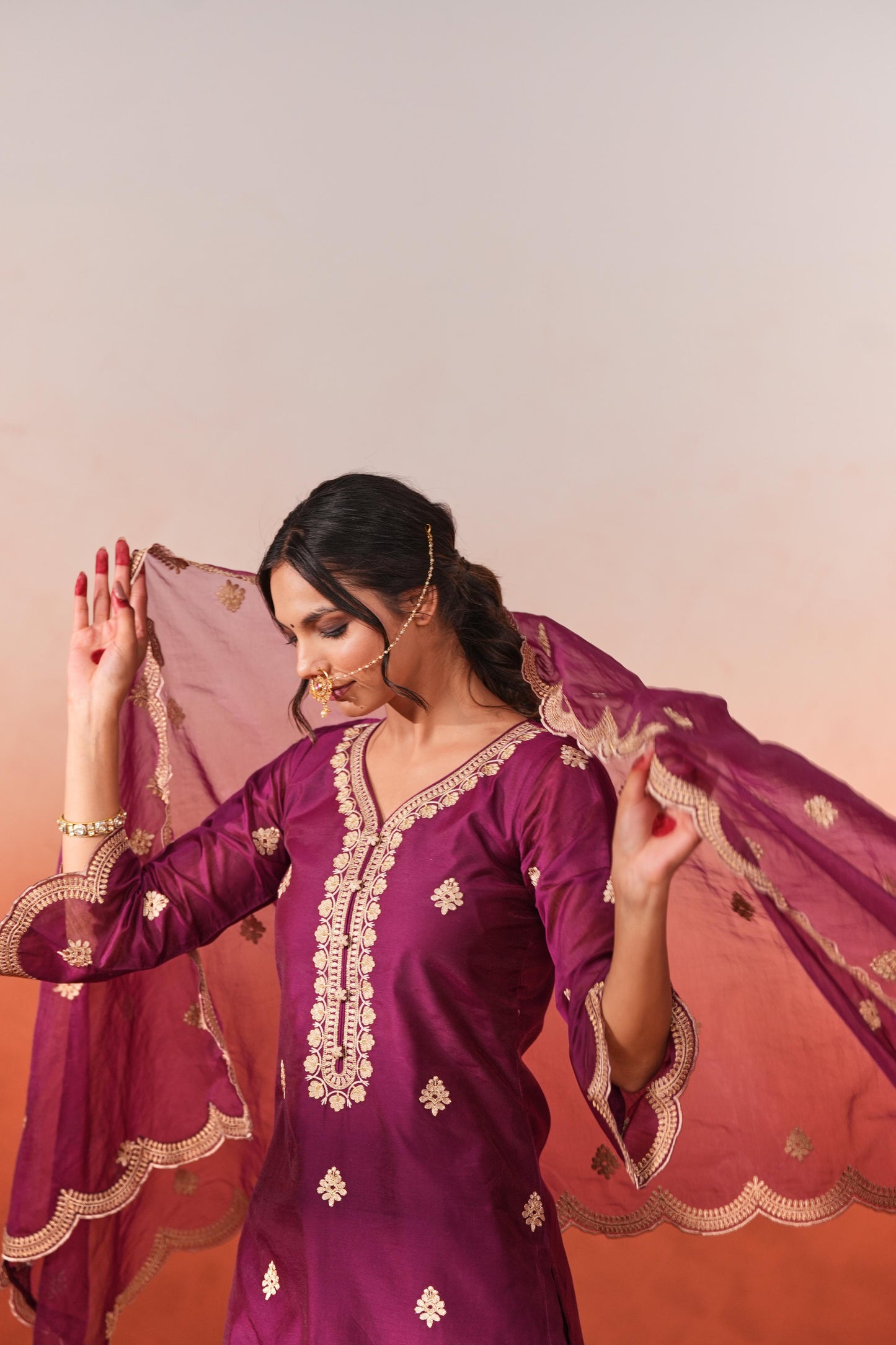 Raatrani - Wine Embroidered Chanderi Suit Set